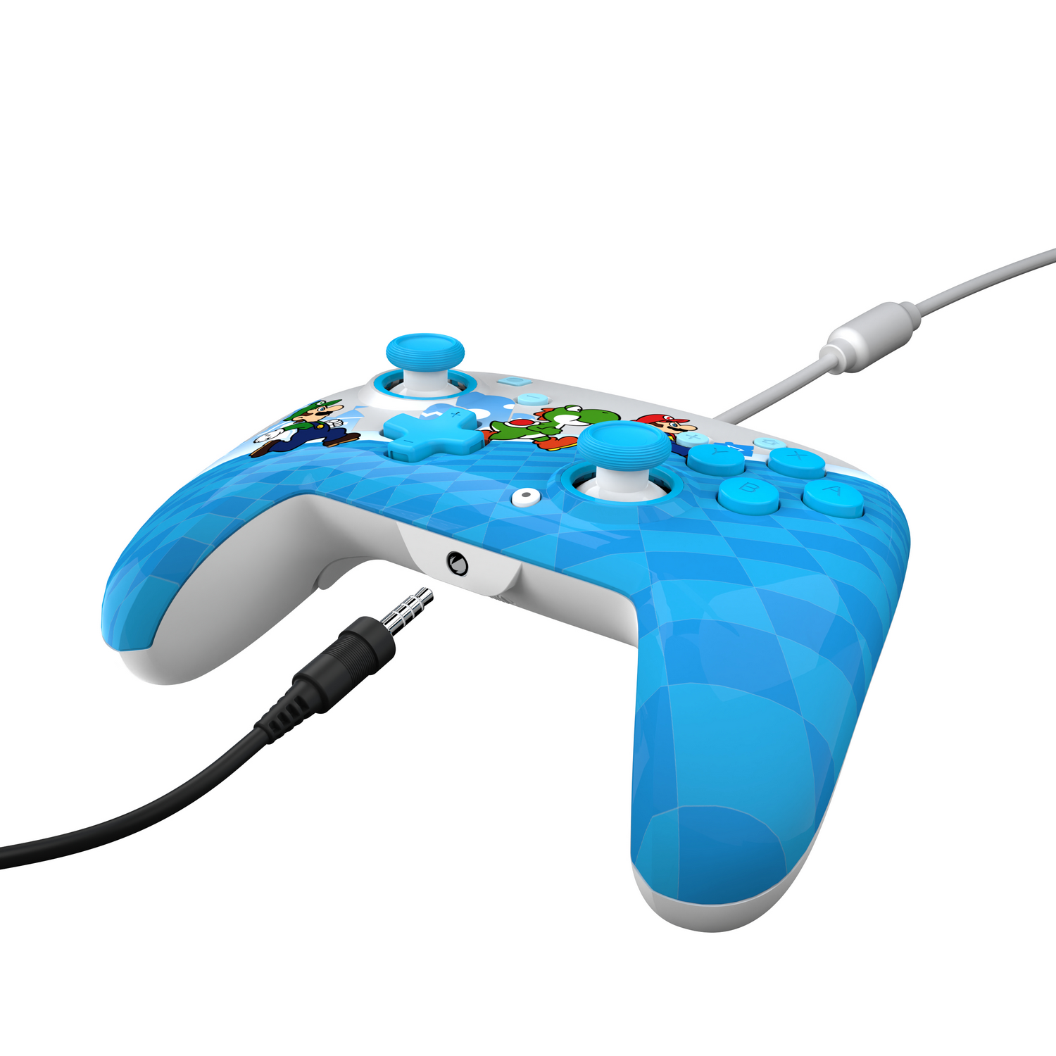 Blauwe Nintendo Switch-controller, met Mario en Luigi-graphics, aangesloten op een kabel.