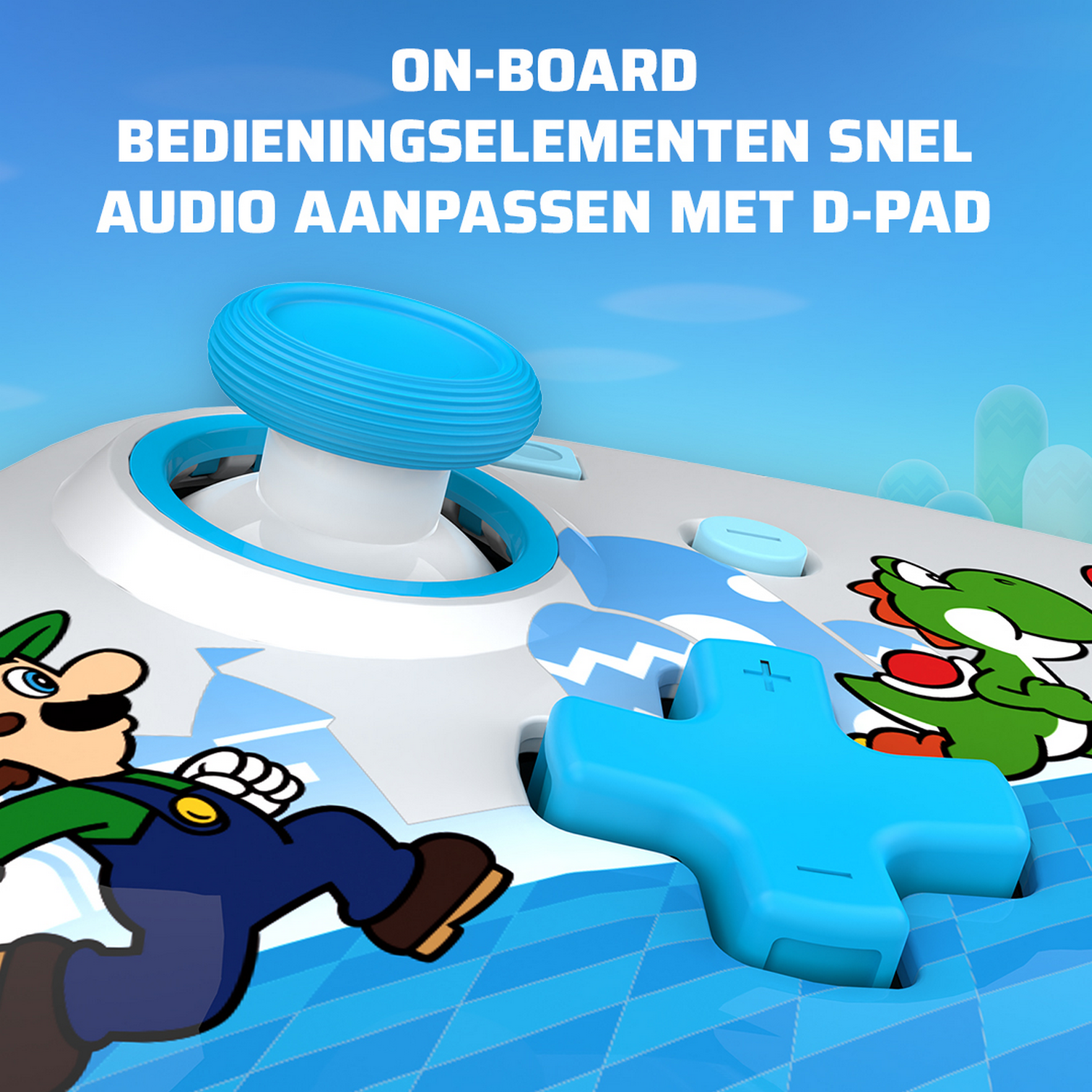 Een blauwe gamecontroller met Luigi- en Yoshi-cartoons op de achtergrond.