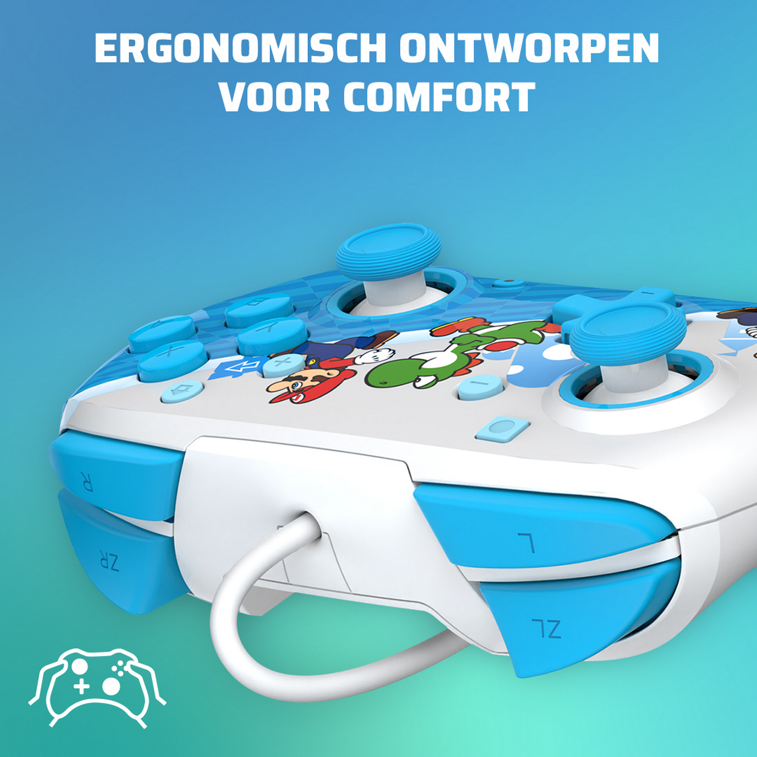 Blauwe en witte controller met Mario en Yoshi kunst. Knoppen en joysticks zijn zichtbaar.