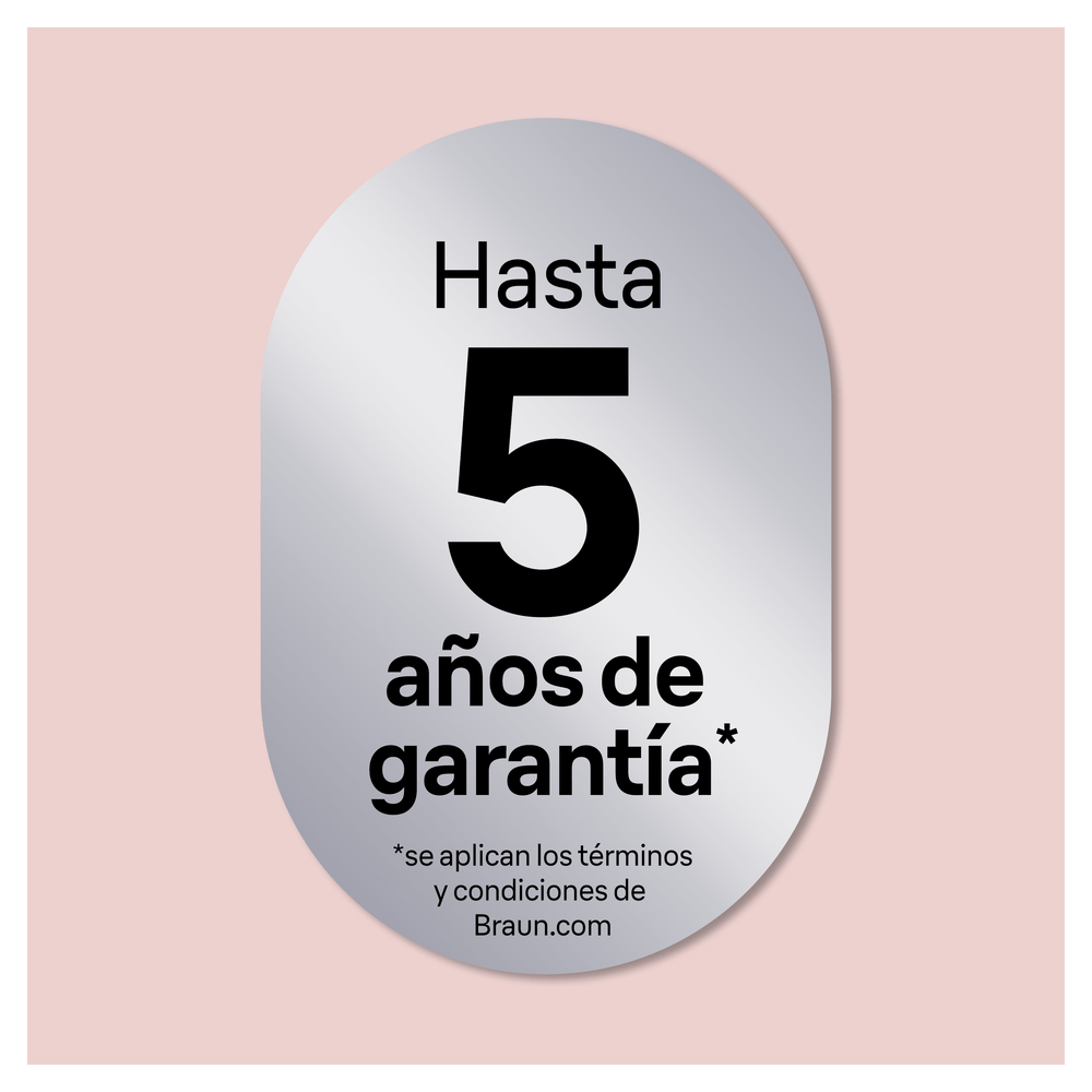 Pegatina ovalada plateada con texto 'Hasta 5 años de garantía'. Fondo rosa.