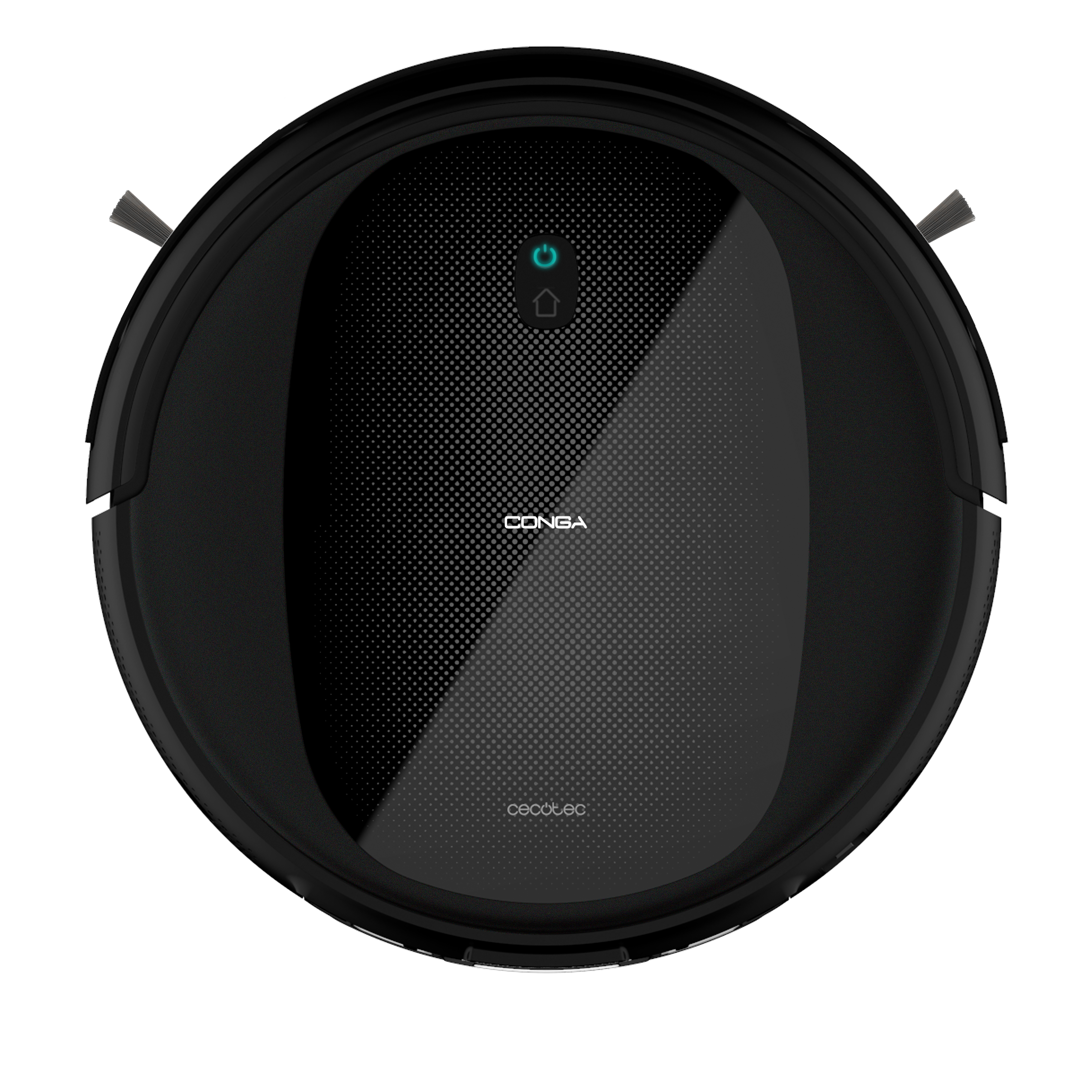 Aspiradora robot redonda negra, vista superior, con detalles.