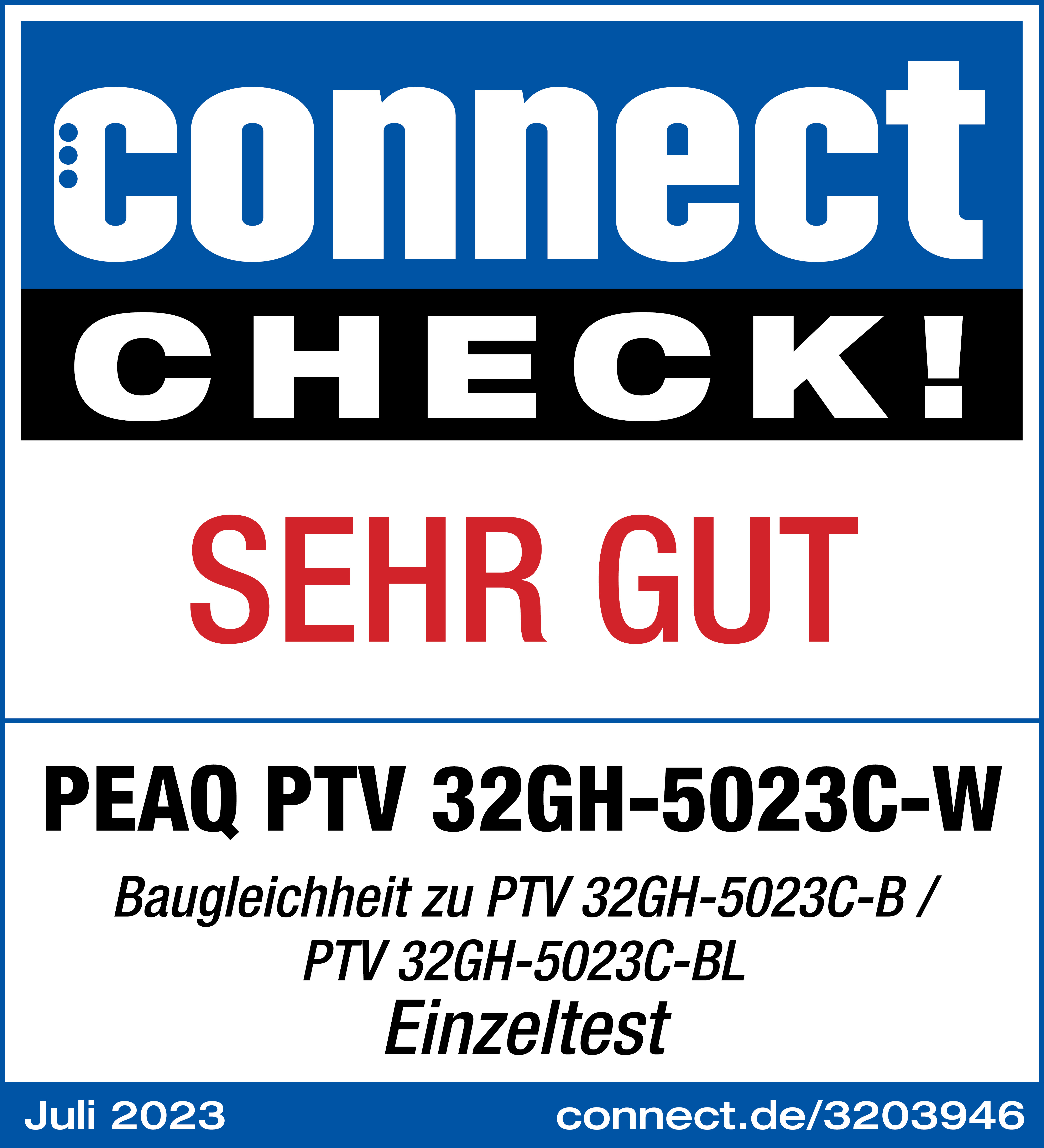 Connect Check Aufkleber mit Text „SEHR GUT“. Text darunter in Schwarz. Blauer und weißer Hintergrund.