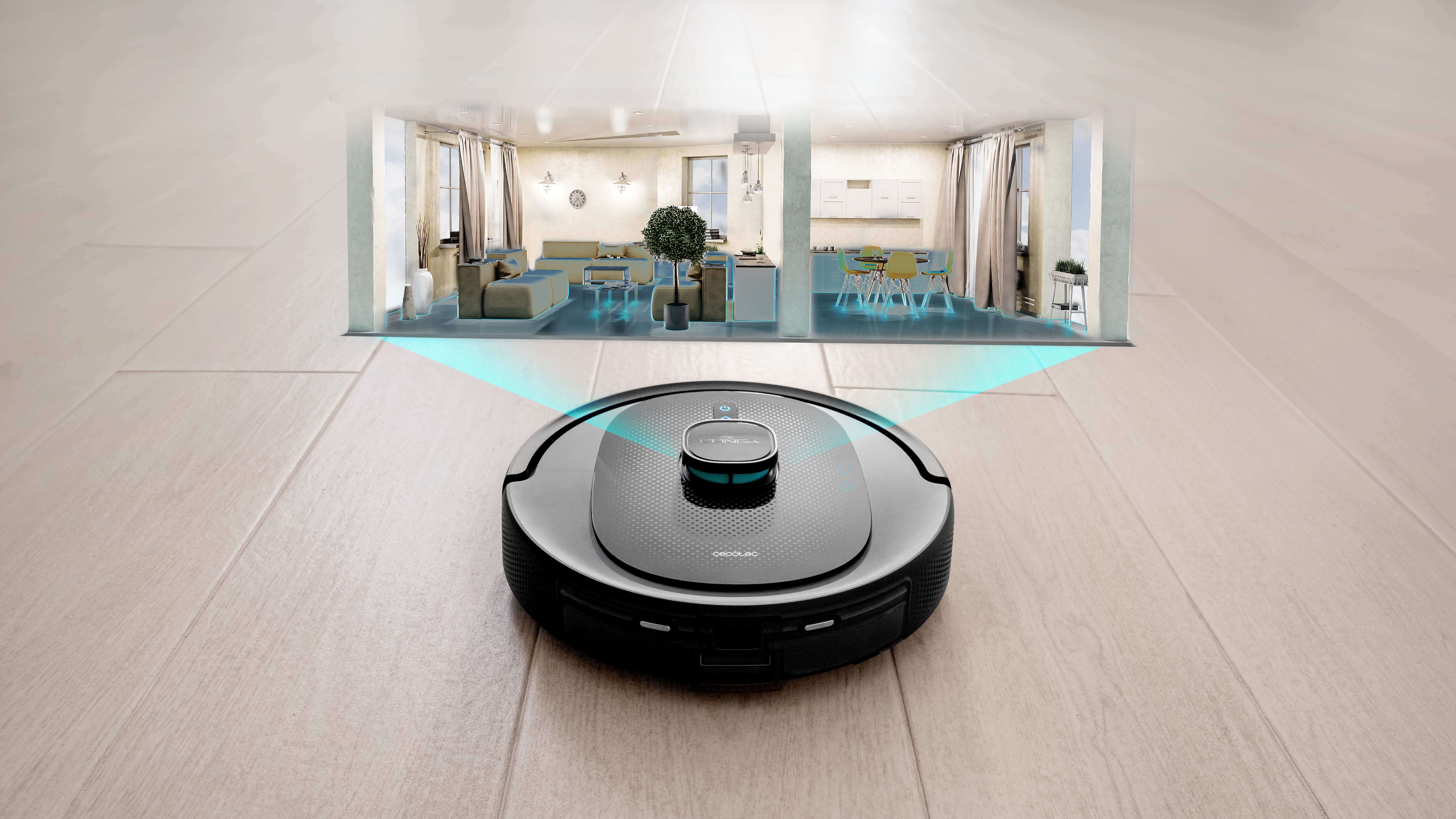 Robot aspirador sobre un suelo de madera. La escena se representa en un entorno doméstico.