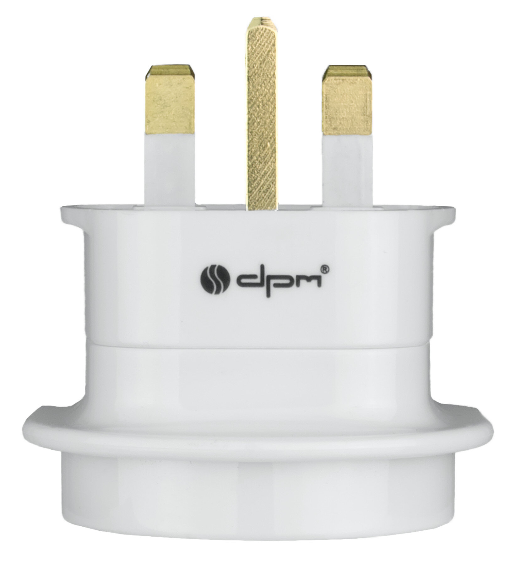 Biały adapter do wtyczki UK ze złotymi pinami.
