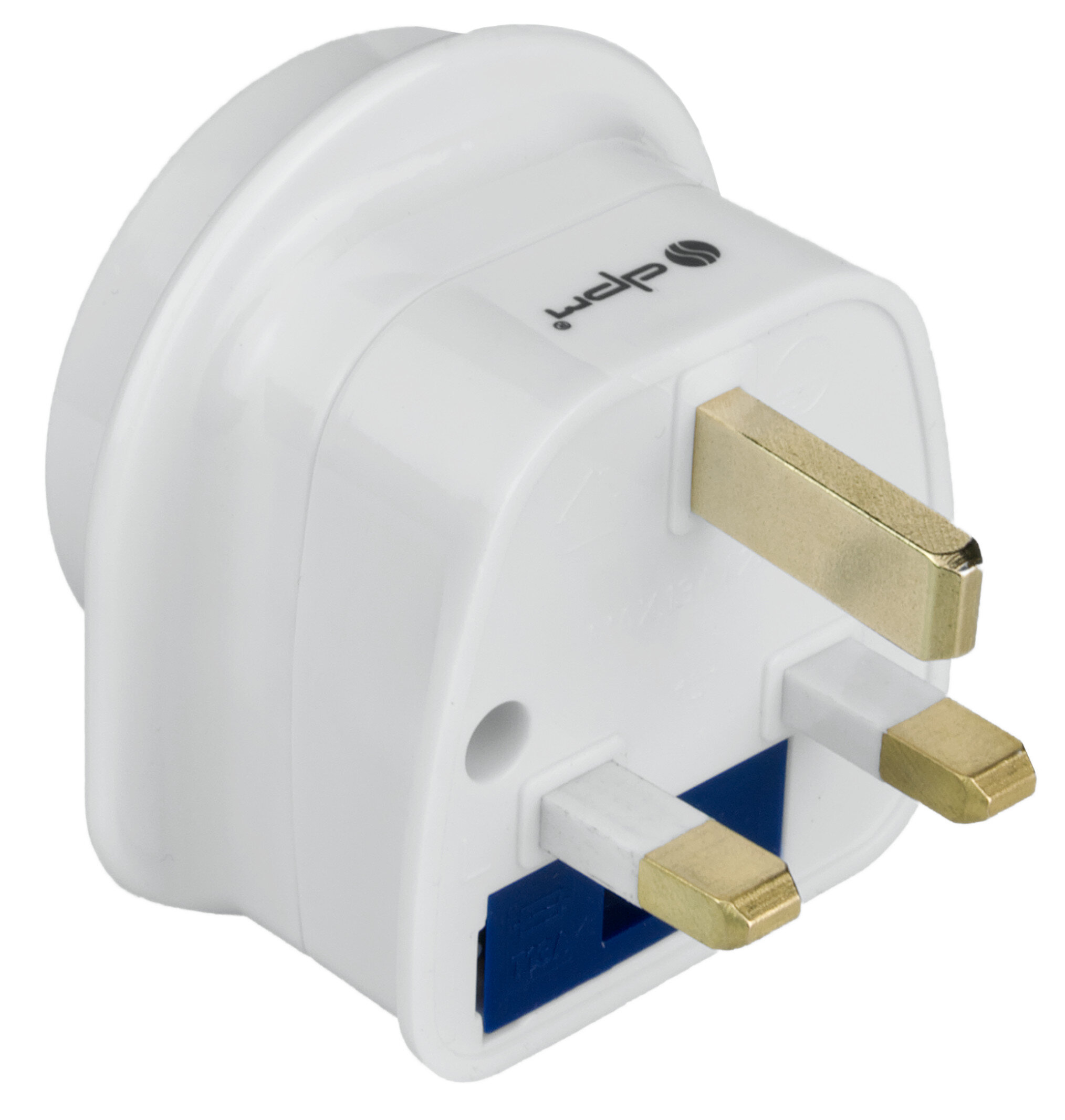 Biała przejściówka podróżna z trzema złotymi bolcami i niebieskim gniazdem.