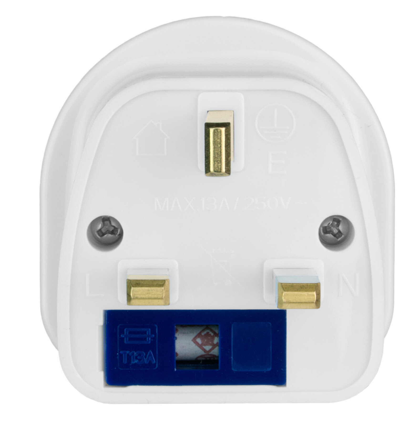 Biała wtyczka brytyjska ze złotymi bolcami i niebieskim bezpiecznikiem, na białym tle.