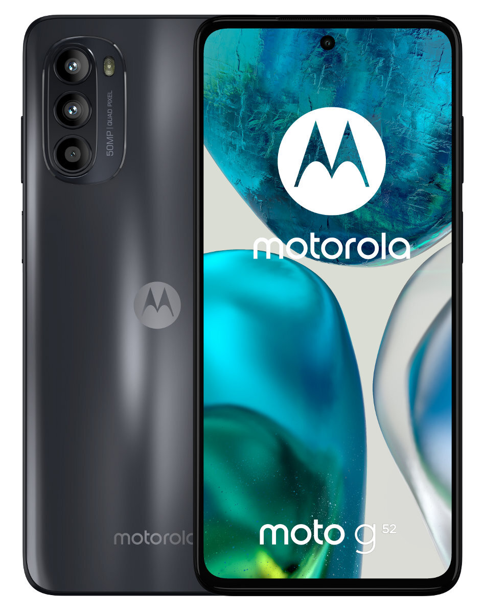 Czarny telefon Motorola z tylnymi kamerami i ekranem wyświetlającym kolorową grafikę.