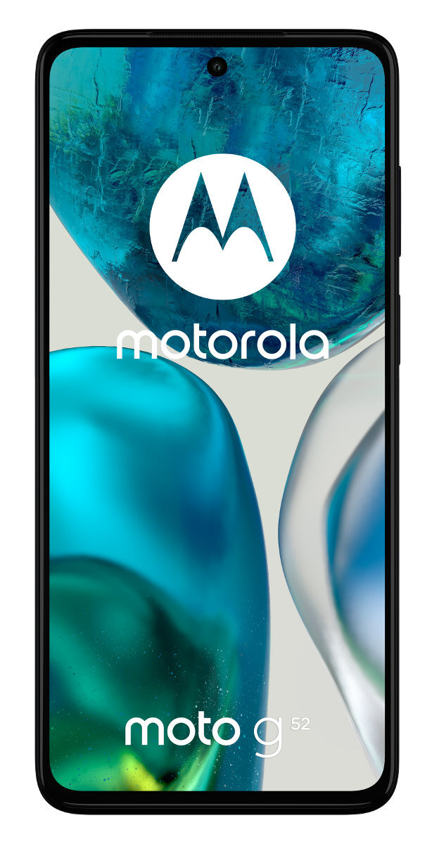 Telefon Motorola, czarna ramka, duży ekran z logo Motorola i tekstem moto g 52.