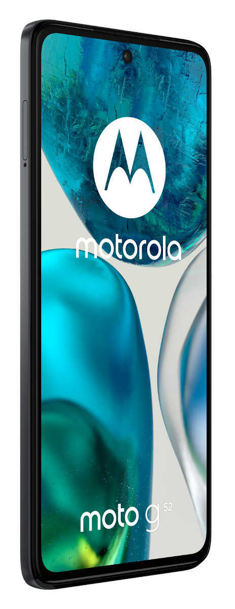 Smartfon Motorola moto g52, czarna ramka, ekran wyświetla logo i tło.