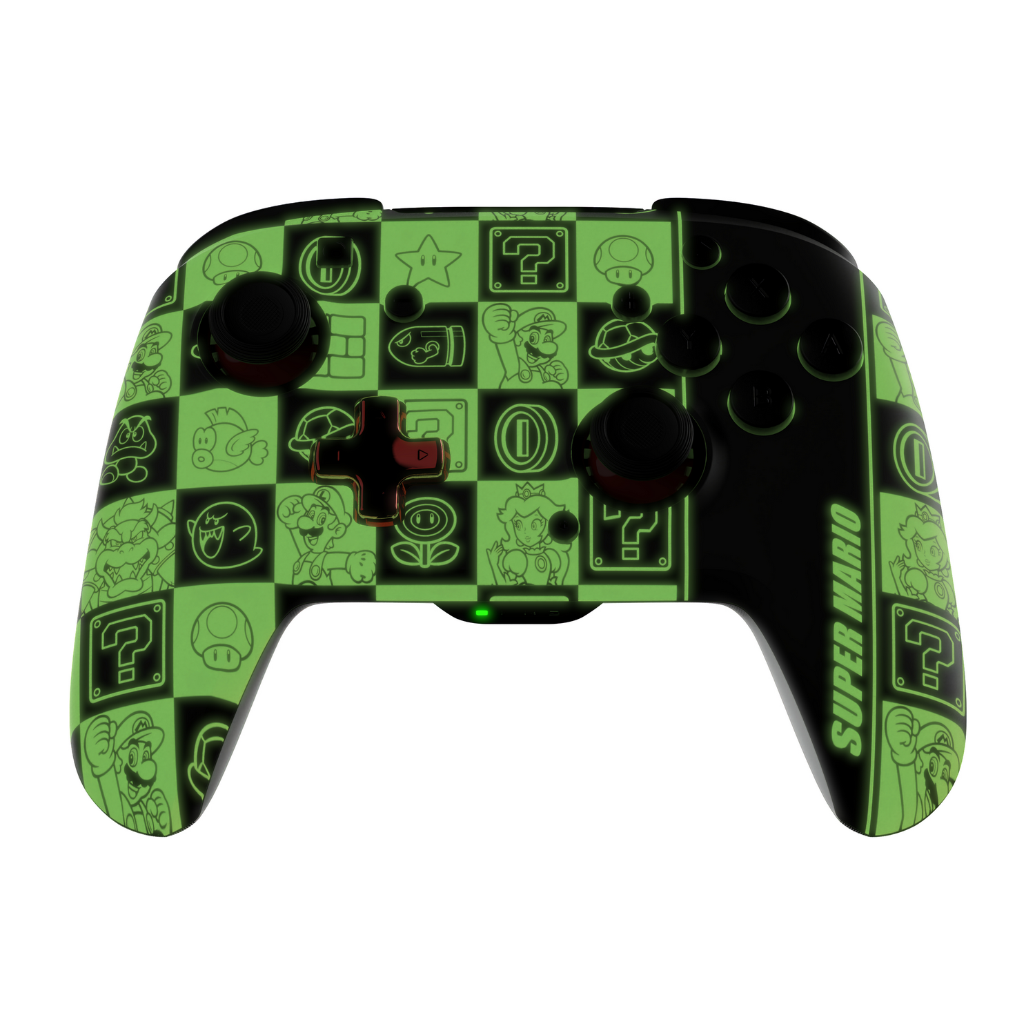 A Super Mario-themed gamepad with green illuminated design.