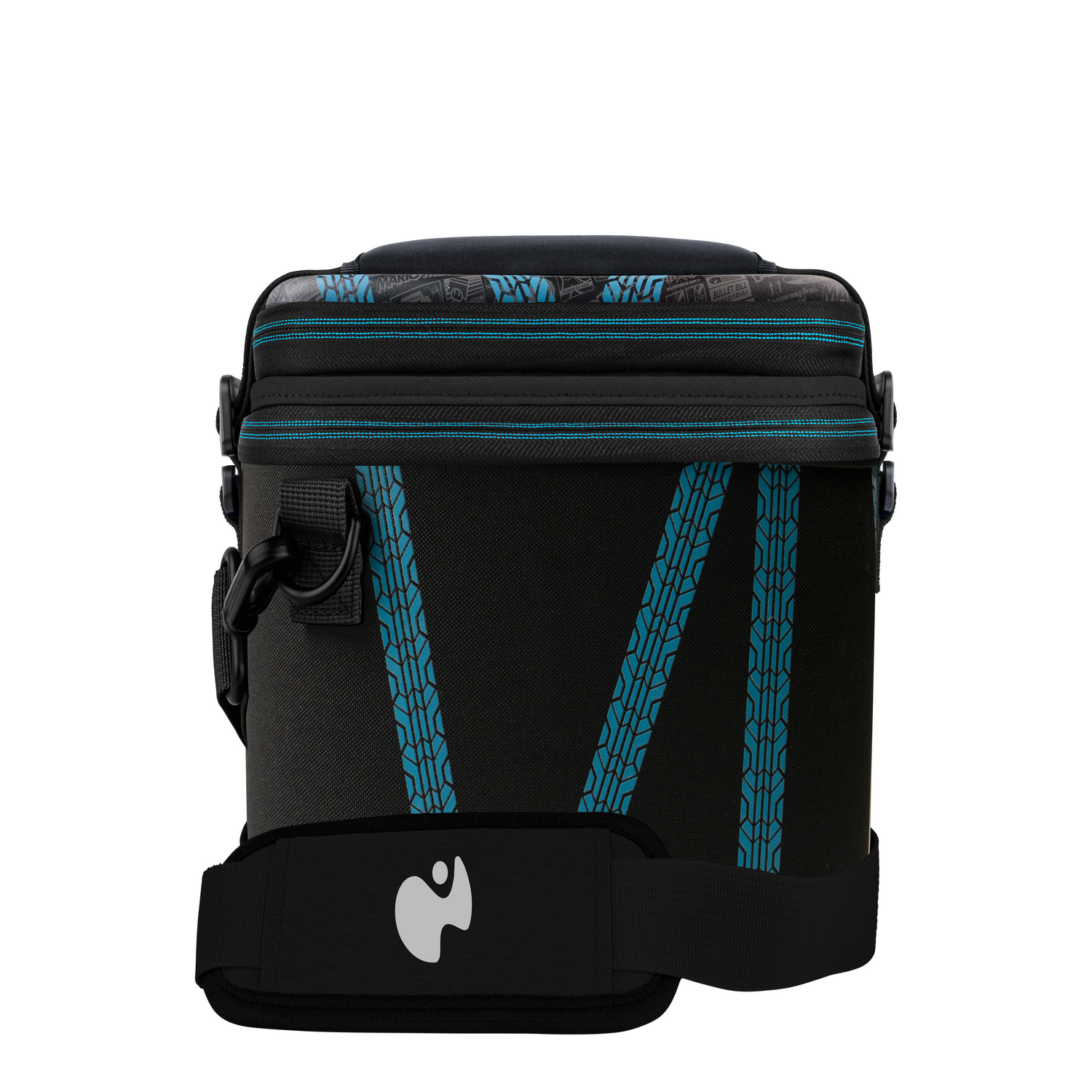 Black and blue camera bag with a shoulder strap. White background.