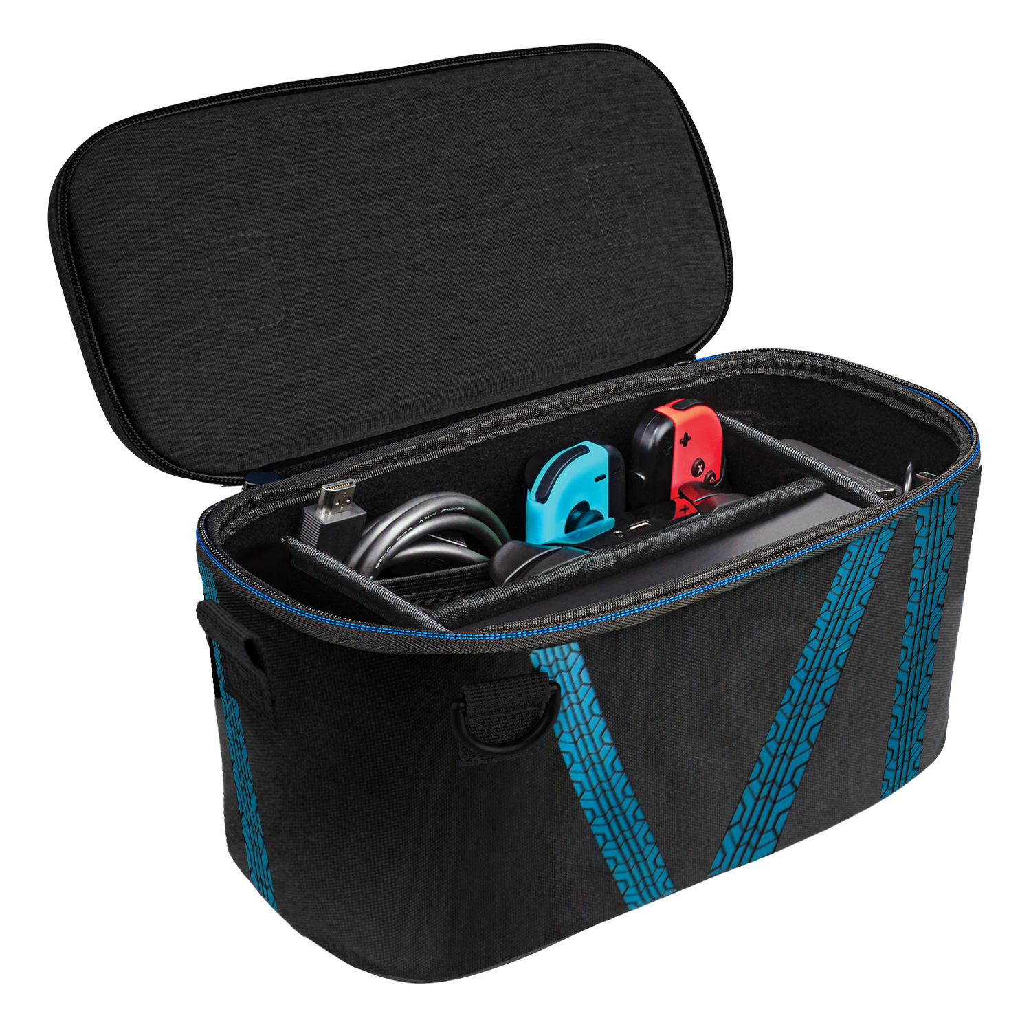 Black bag, open, with a charger, blue and red game controllers.