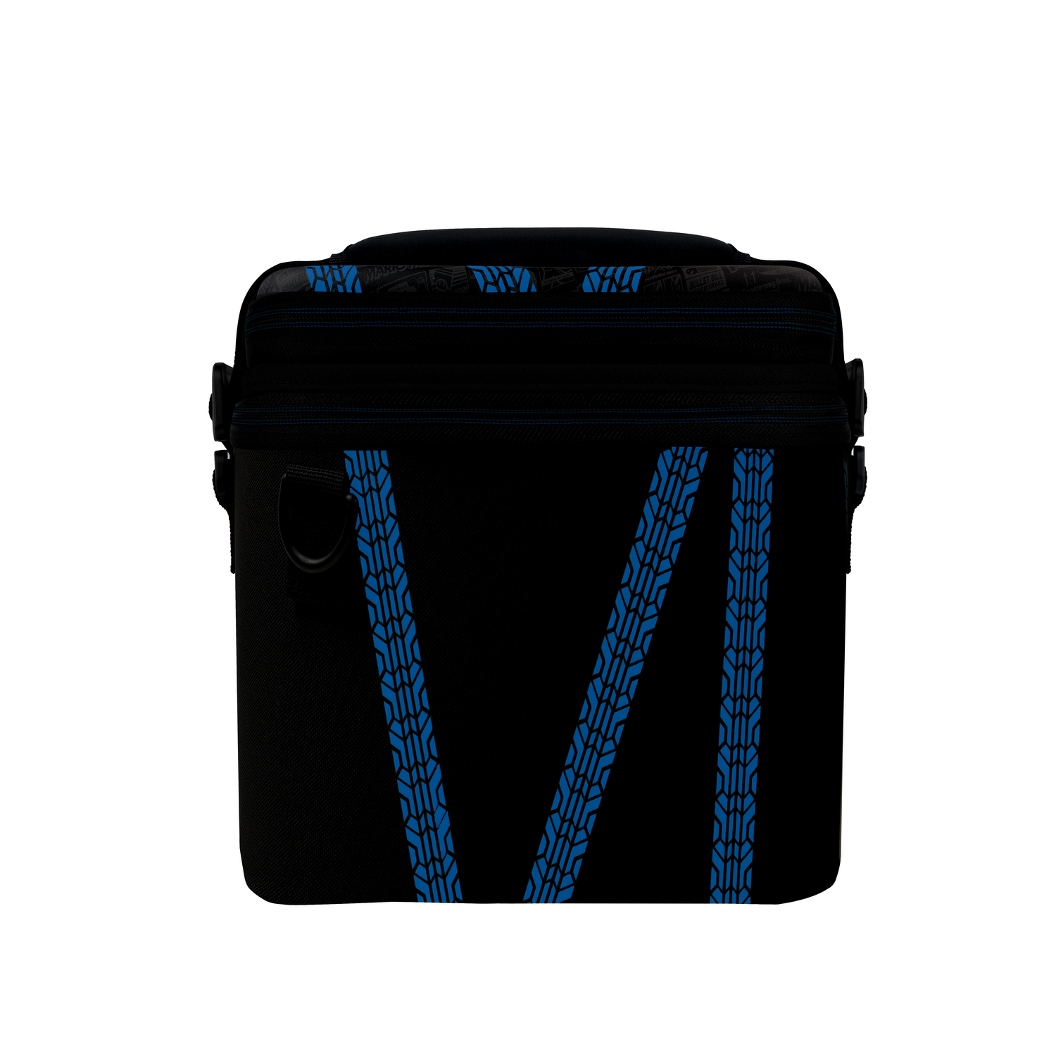 Black bag with blue tire track pattern and blue VI logo.
