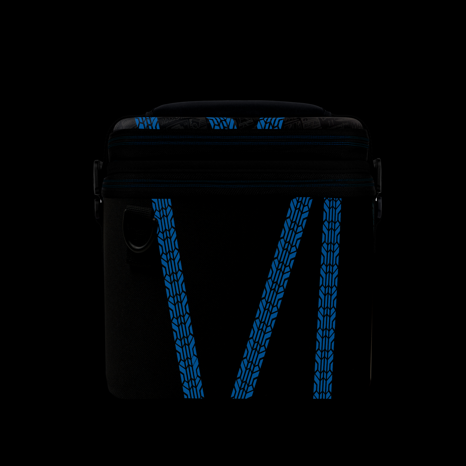 Black bag with blue accents and tire track design on black background.