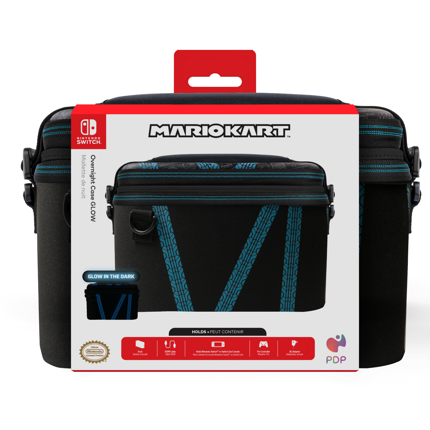 A black and blue Mario Kart themed carrying case for the Nintendo Switch, with a red handle.