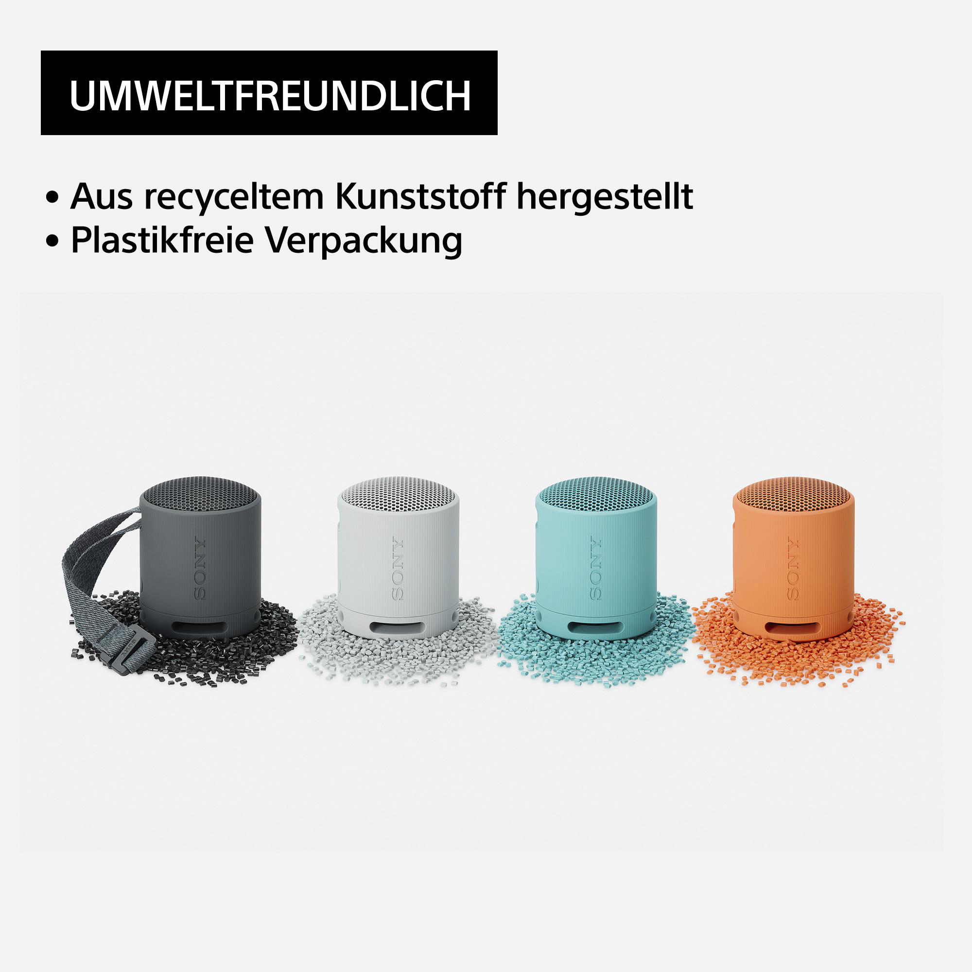 Vier kleine Lautsprecher, grau, weiß, blau und orange, mit Text über Umweltfreundlichkeit.
