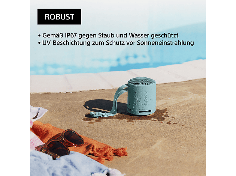 Sony SRS-XB100 – kabelloser, tragbarer Bluetooth-Lautsprecher, robust, wasserfest und staubdicht gemäß IP67, 16 Stunden Akkuleistung, Eco, Schwarz; Bluetooth Lautsprecher — Foto 5 von 5