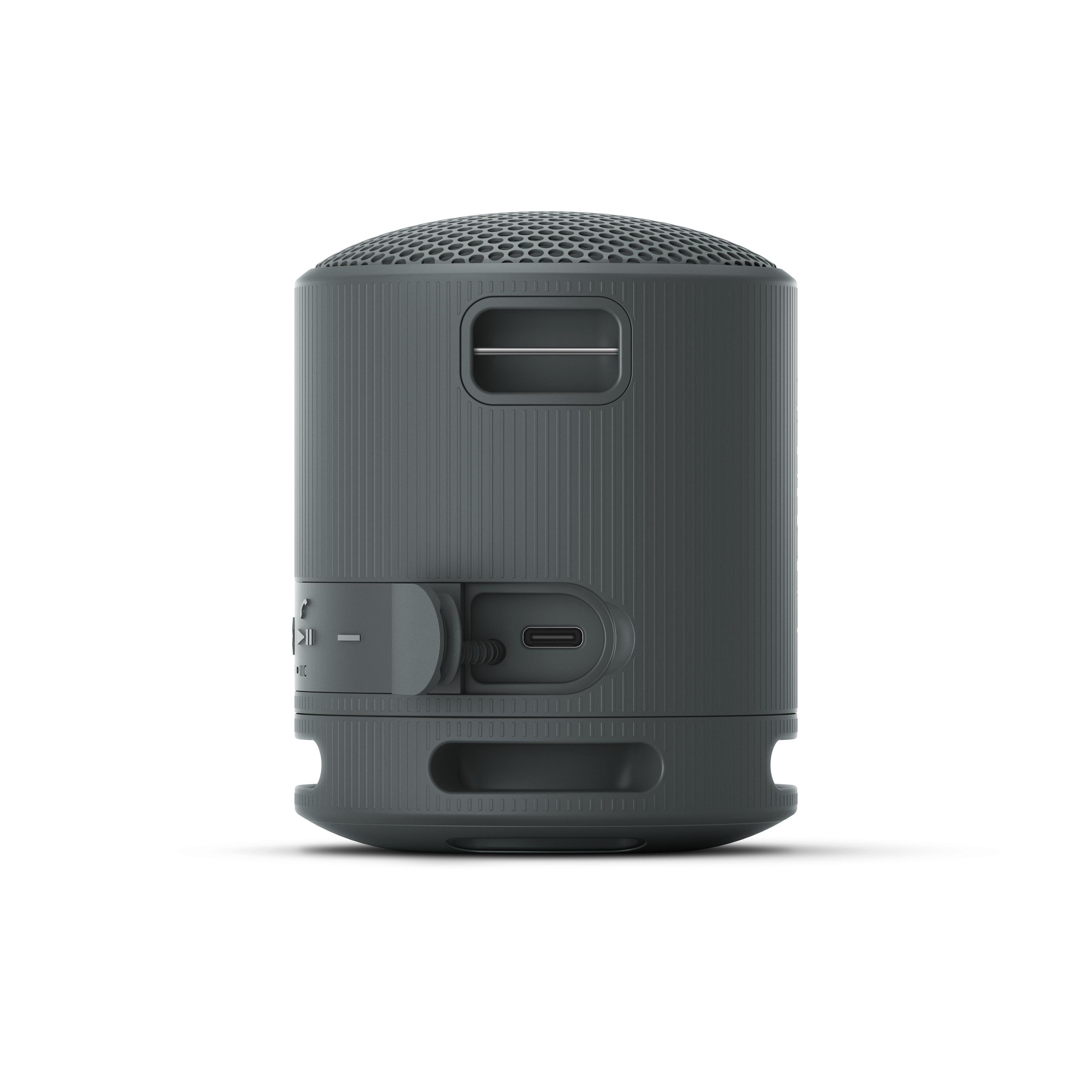 Grauer Lautsprecher, mit abgedecktem Ladeanschluss und USB-C-Anschluss. Weißer Hintergrund.