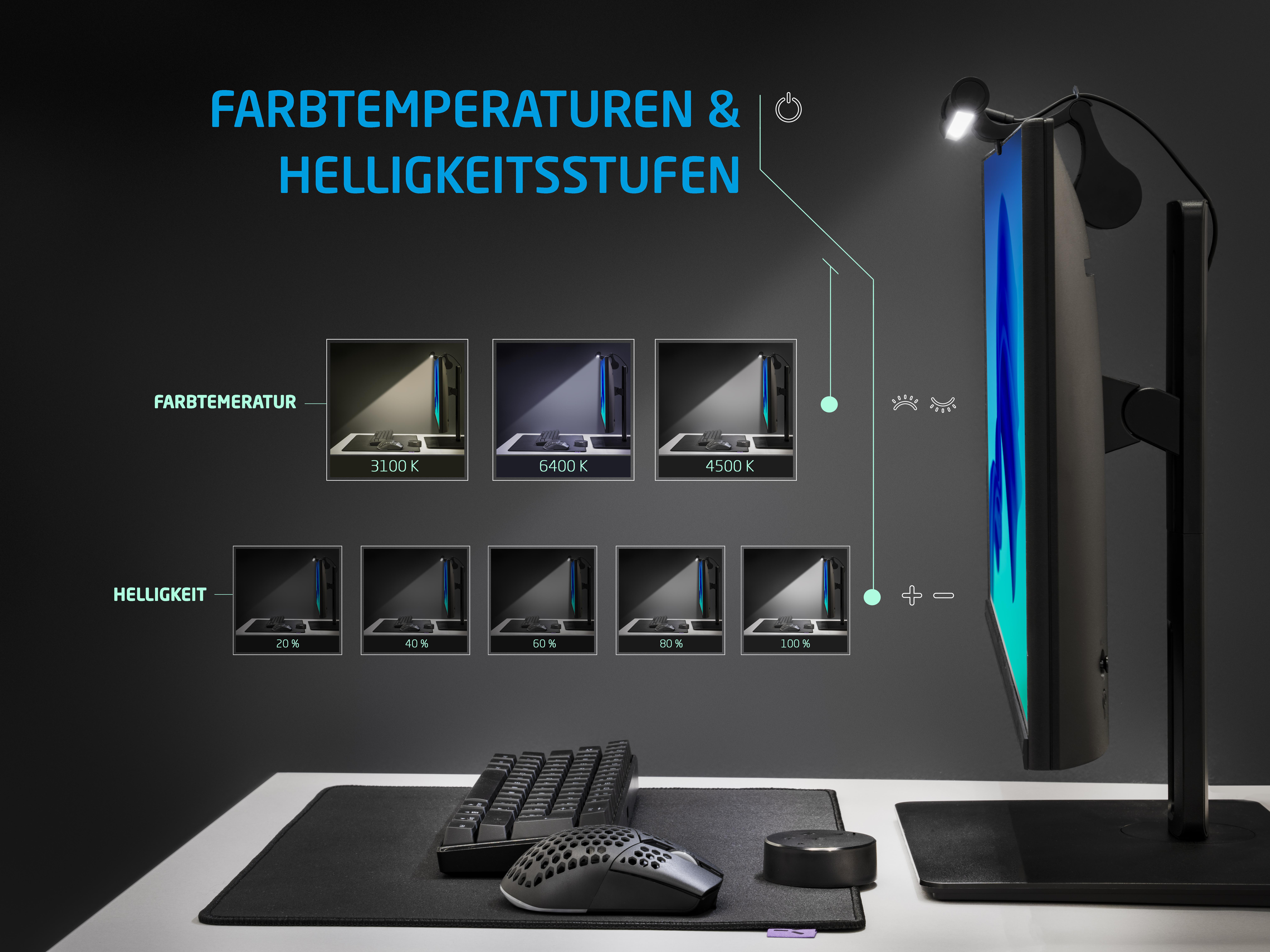 Ein Schreibtisch-Setup mit Monitor, Tastatur, Maus und Lichtern, die Farb- und Helligkeitsoptionen zeigen.