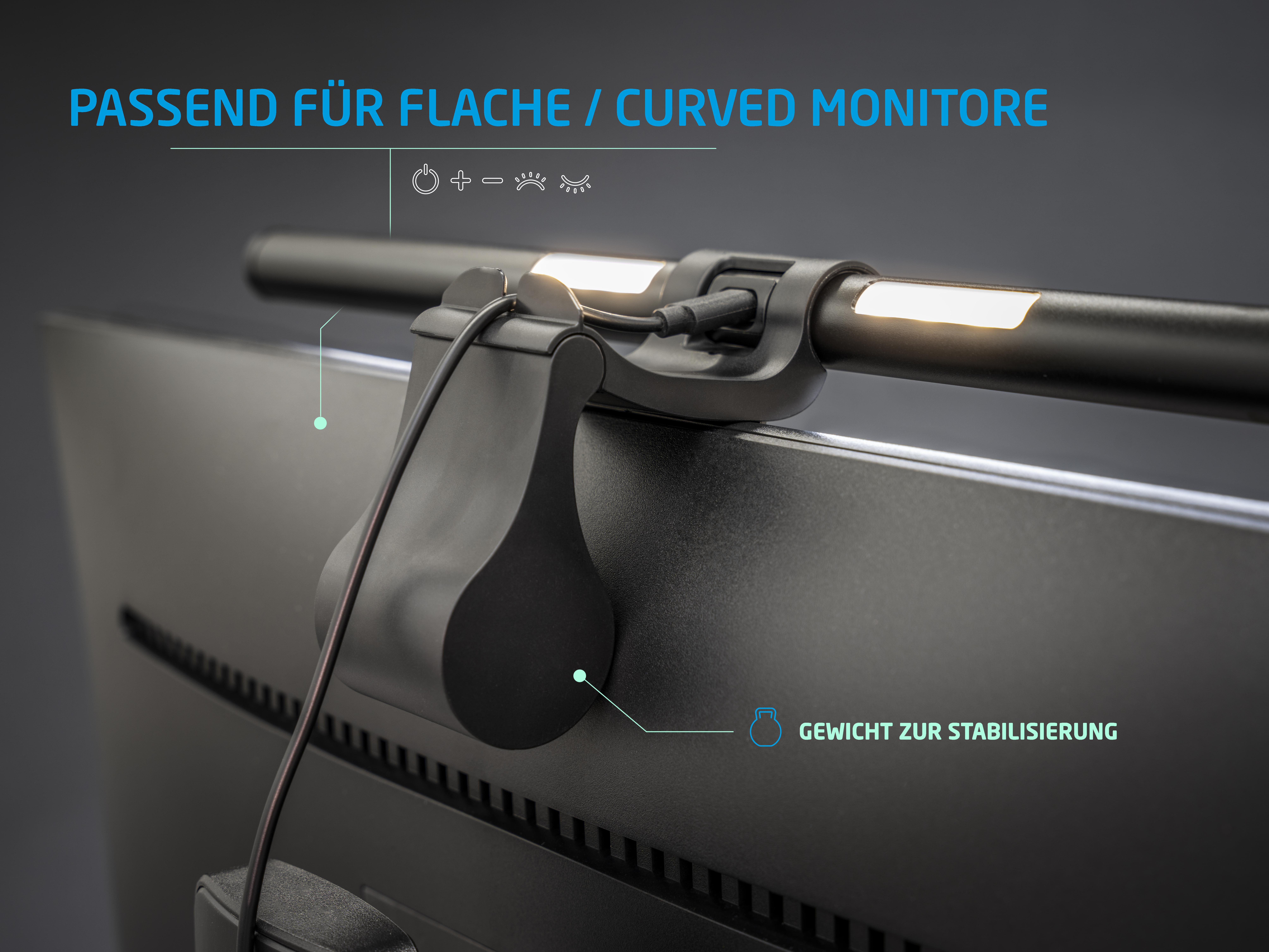 Monitorleuchte mit schwarzer Halterung an einem Monitor befestigt.