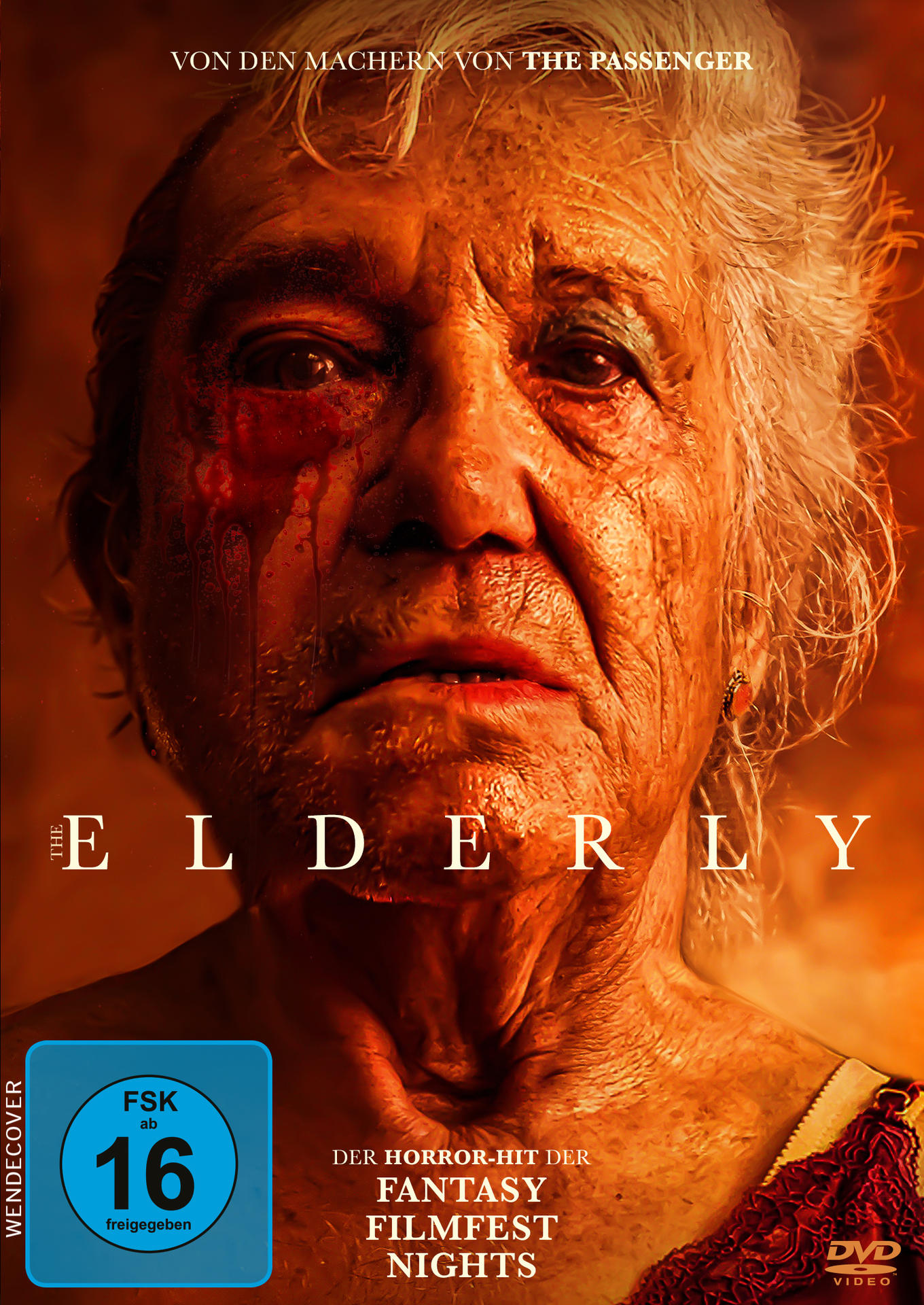 DVD-Cover des Films 'The Elderly'. Das Gesicht einer alten Frau mit Blut wird mit Titeltext auf der Seite gezeigt.