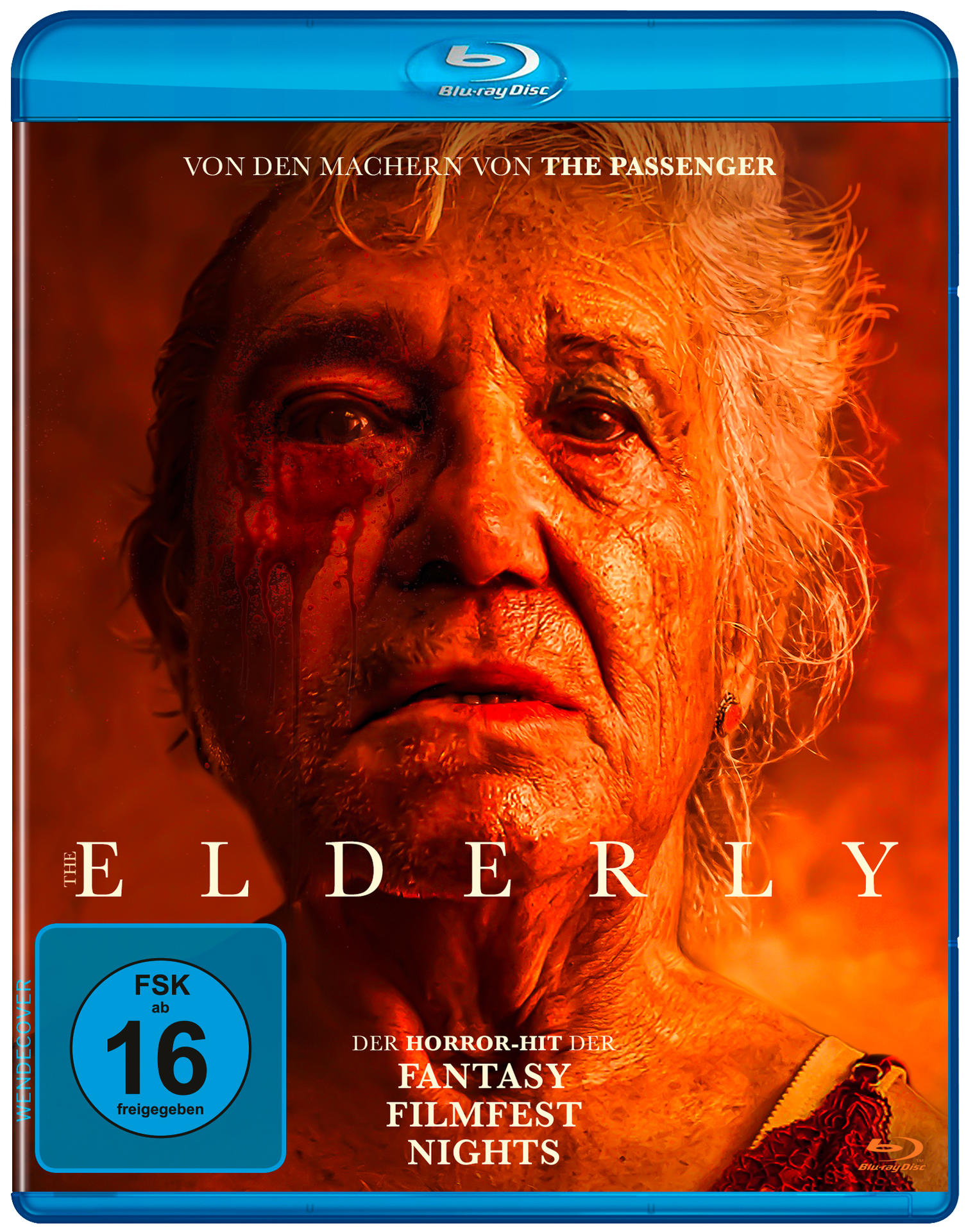 DVD-Cover: The Elderly. Älterer Mann mit Blut im Gesicht. Blaues und rotes Farbschema.