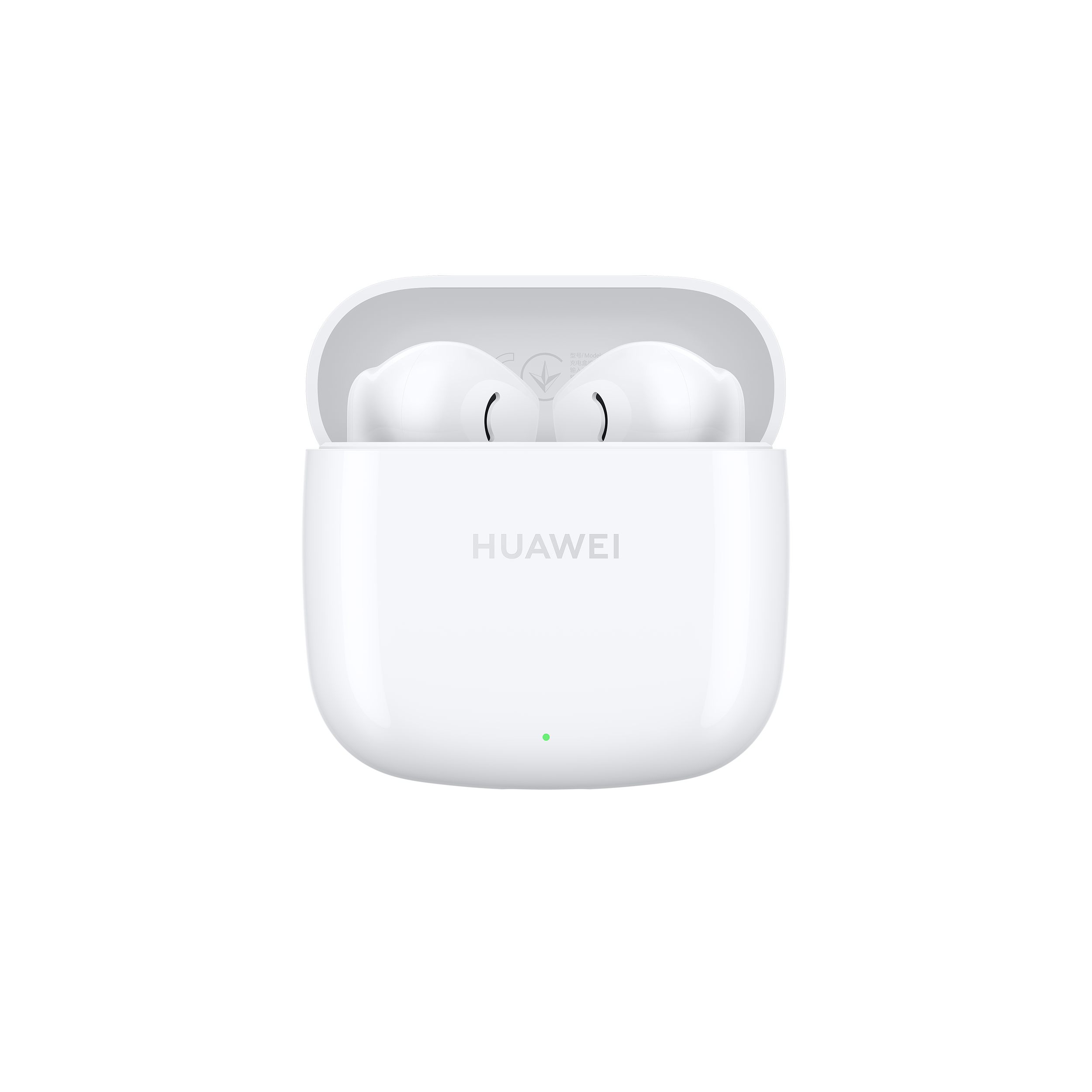 Fehér Huawei fülhallgató töltőtokban fehér háttéren.