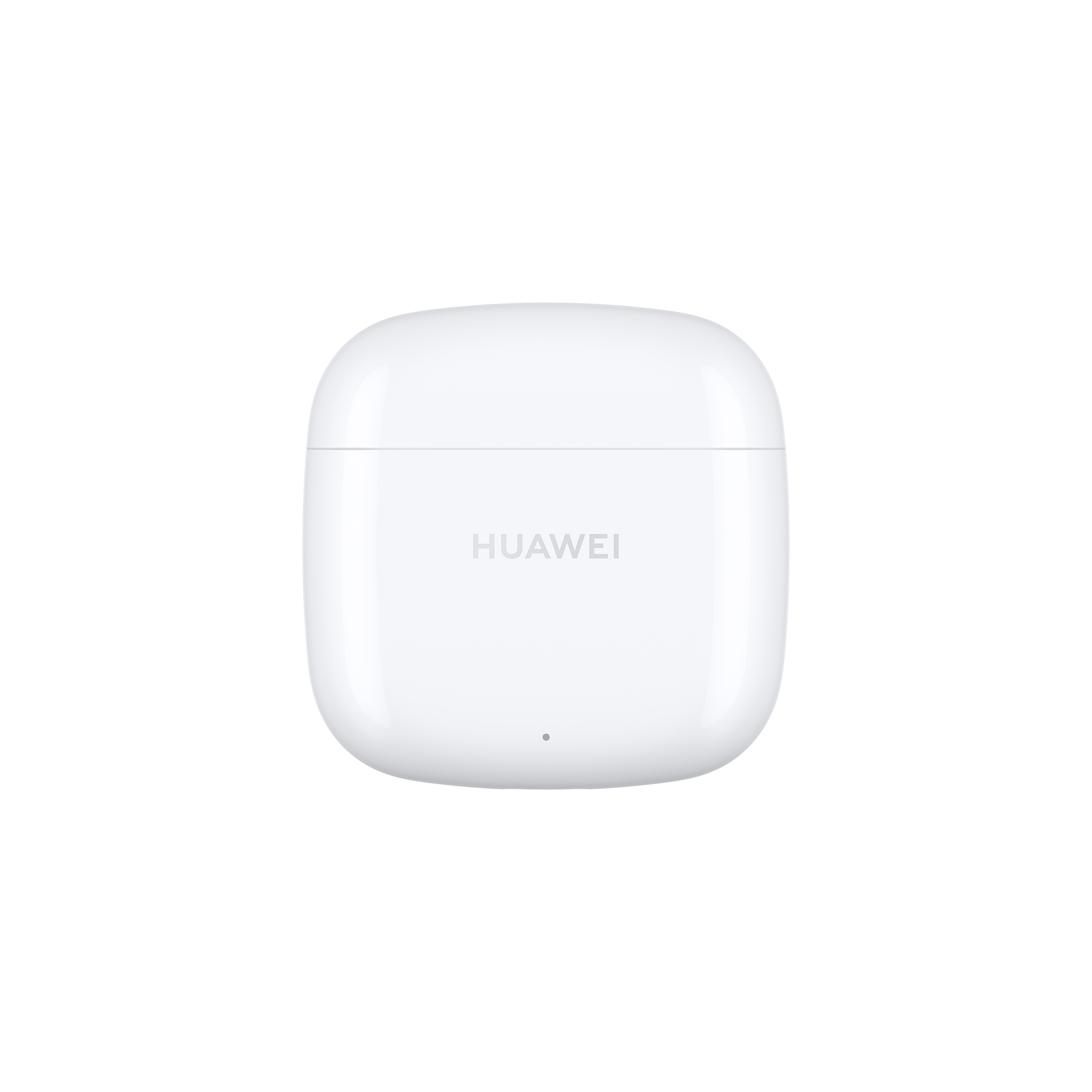 Fehér Huawei fülhallgató töltőtok fekete háttér előtt. A 'HUAWEI' szó rá van nyomtatva.