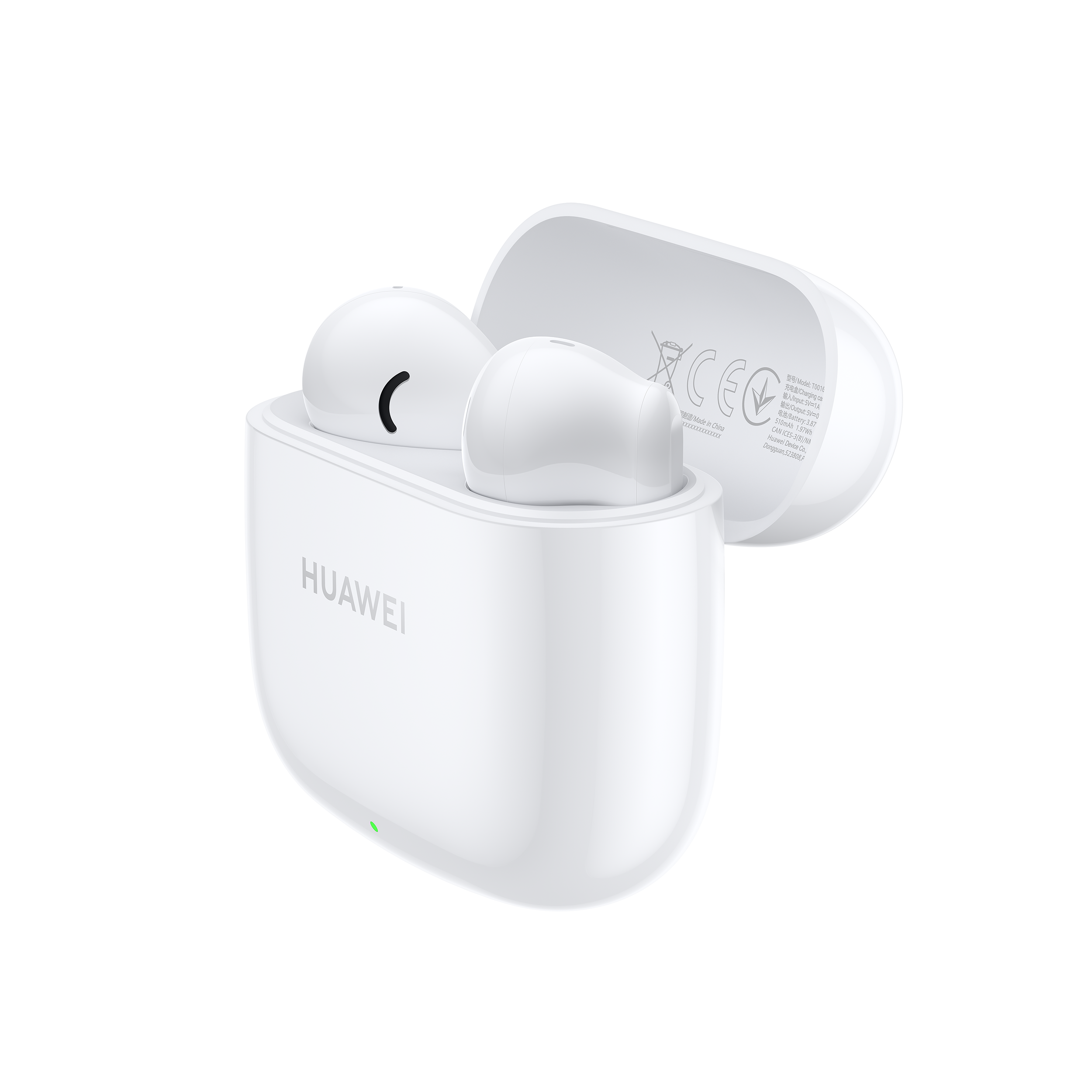 Fehér Huawei fülhallgatók nyitott tokkal, a fülhallgatókat és a tok belsejét mutatva.