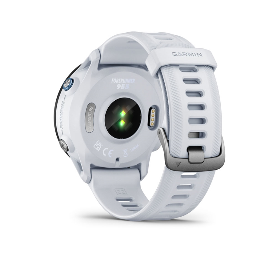 Fehér Garmin Forerunner 955 óra. Az óra hátulja látható.