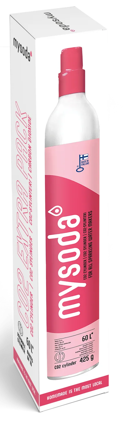 Mysoda CO2 extra pack henger. Rózsaszín és fehér színek. Függőleges elrendezés. Fehér háttér.