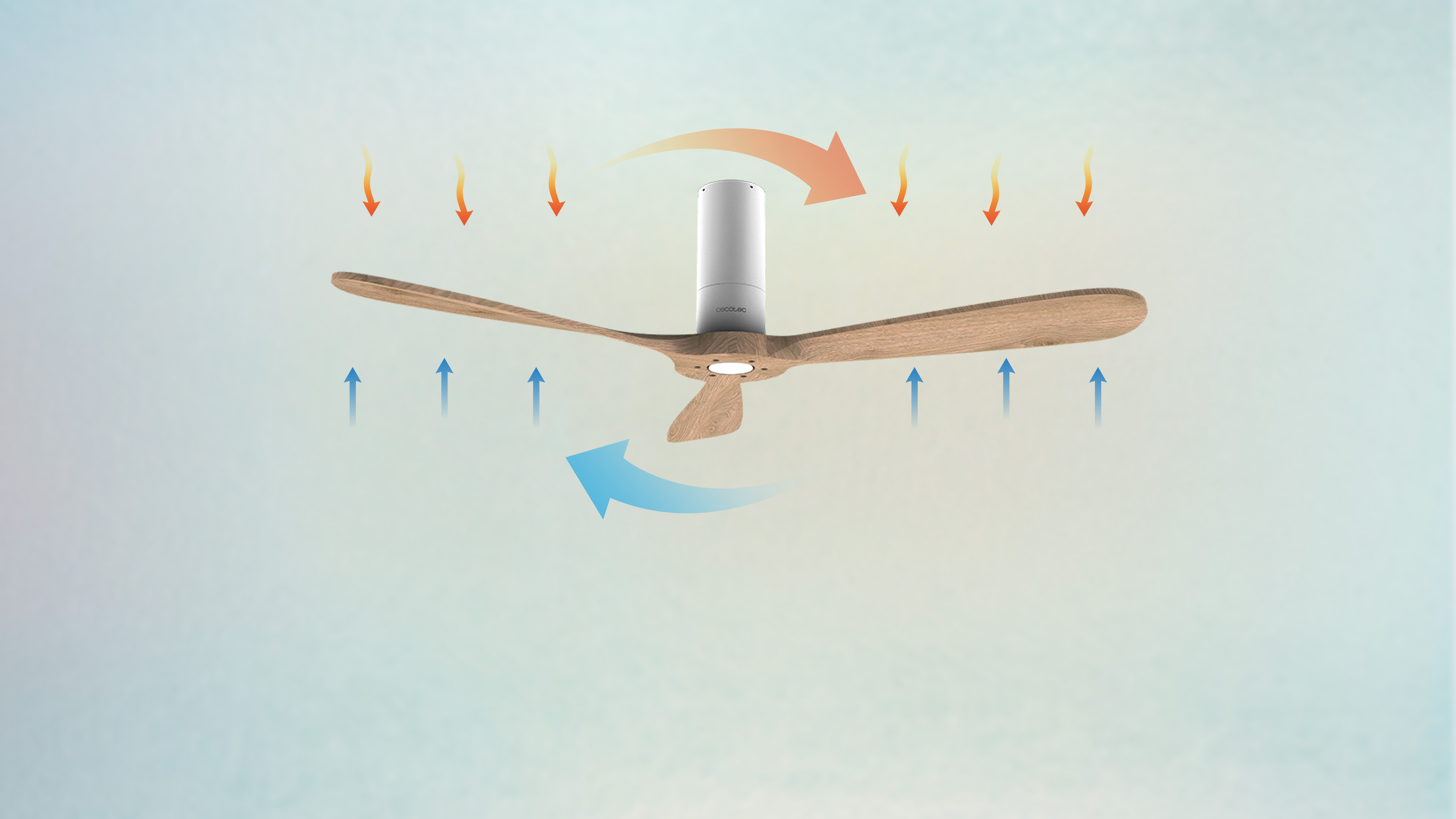 Un ventilador de techo con tres aspas de madera y flechas de flujo de aire.
