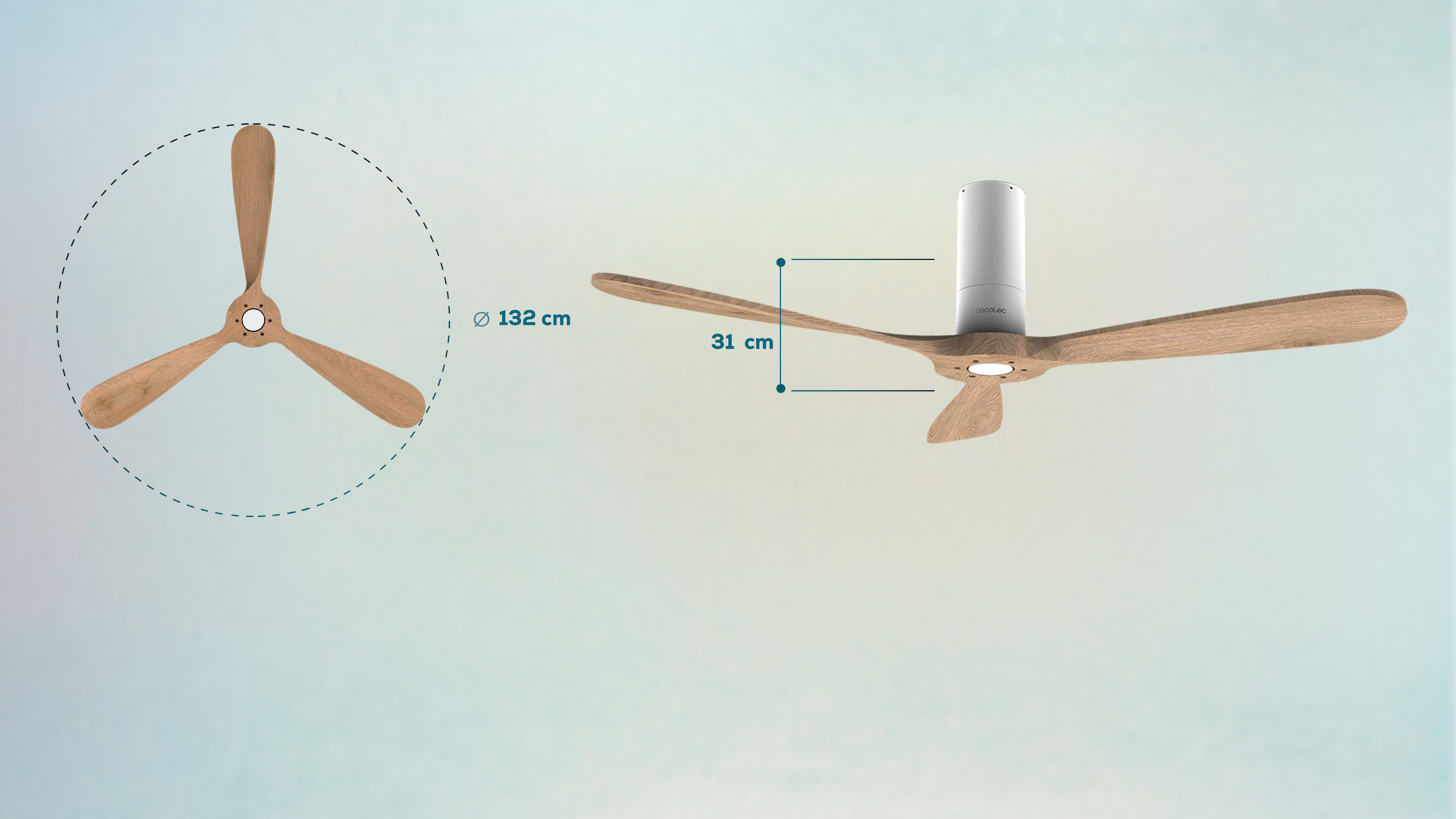 Un ventilador de techo con tres aspas de madera. Dimensiones: 132 cm de diámetro, 31 cm de aspa al cuerpo.
