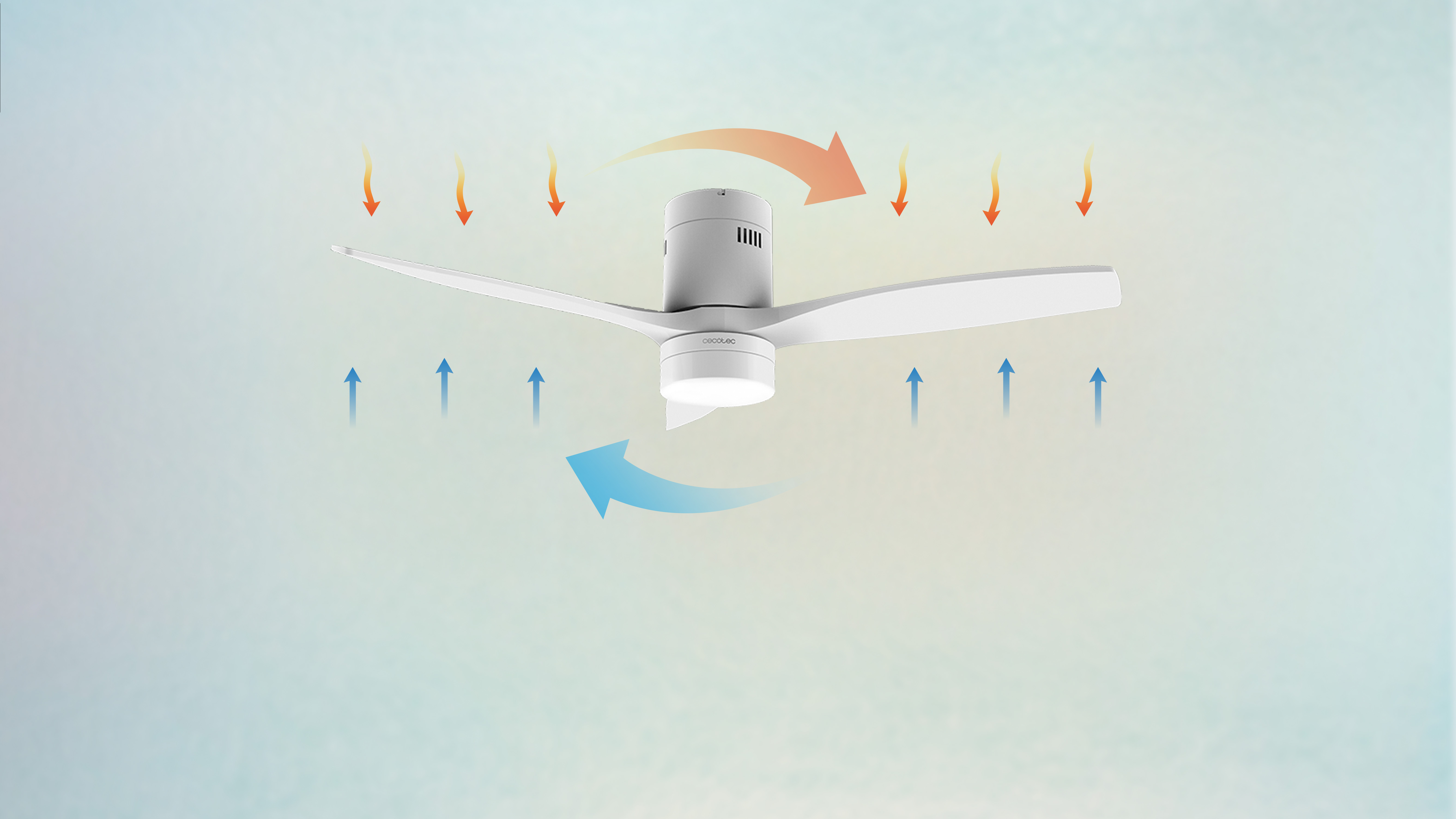Un ventilador de techo con flechas que indican el flujo de aire, con un fondo degradado.