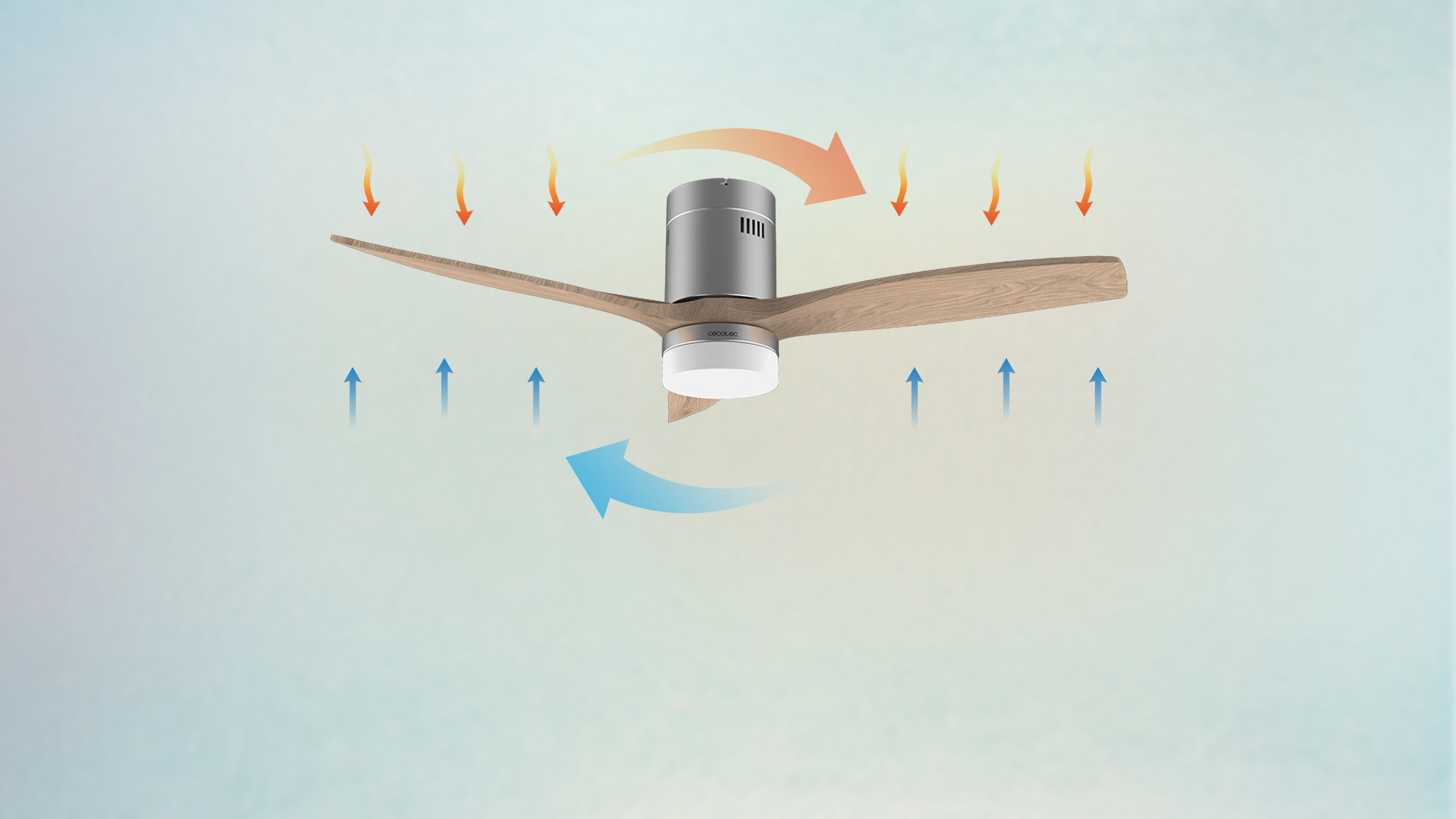 Un ventilador de techo con aspas de madera y motor plateado. Flechas indican la dirección del flujo de aire.