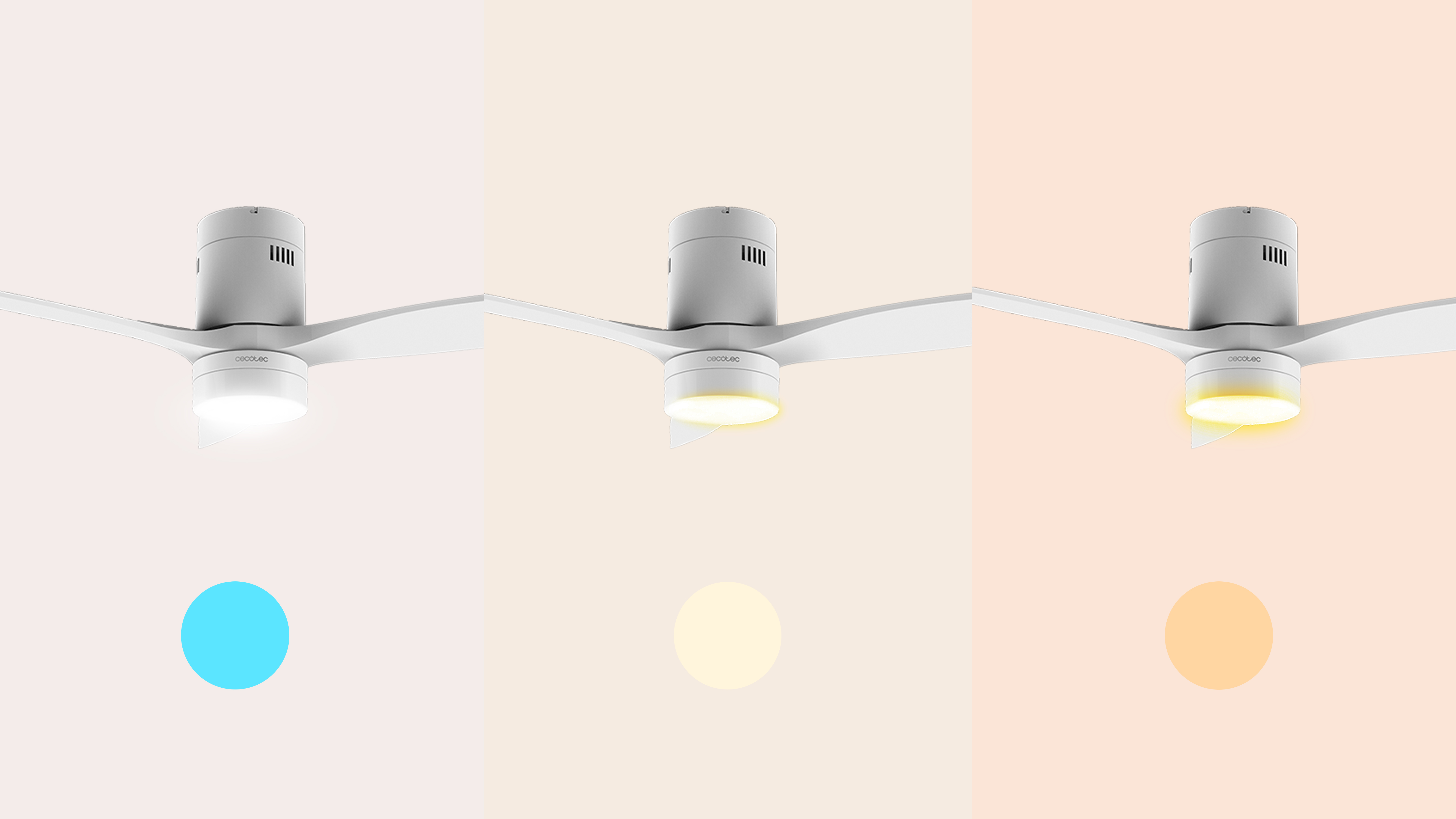 Tres ventiladores de techo con diferentes colores de luz: blanco, amarillo y naranja. Fondo blanco.