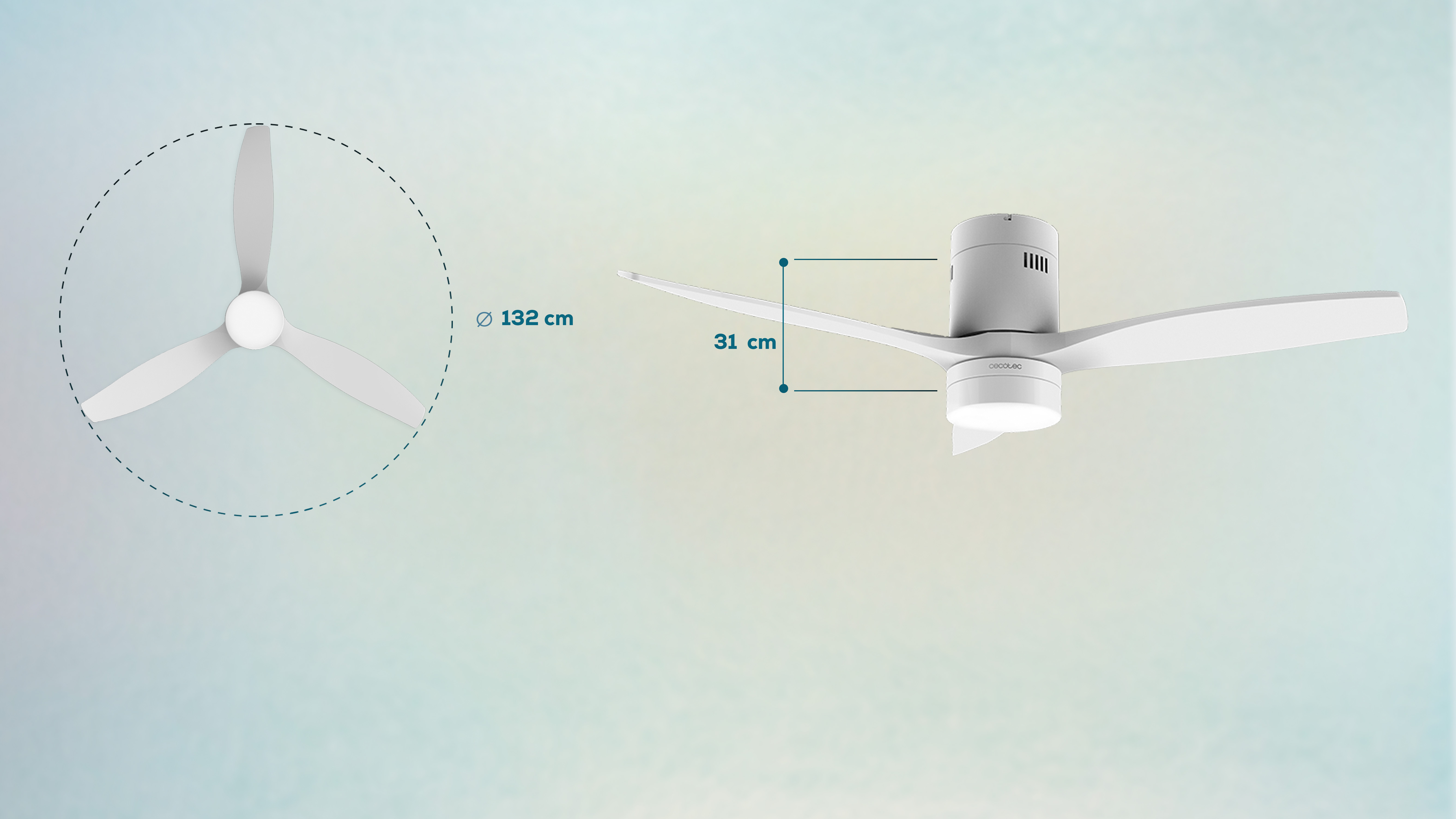Ventilador de techo con tres aspas blancas y una luz. Las dimensiones se proporcionan en la imagen.