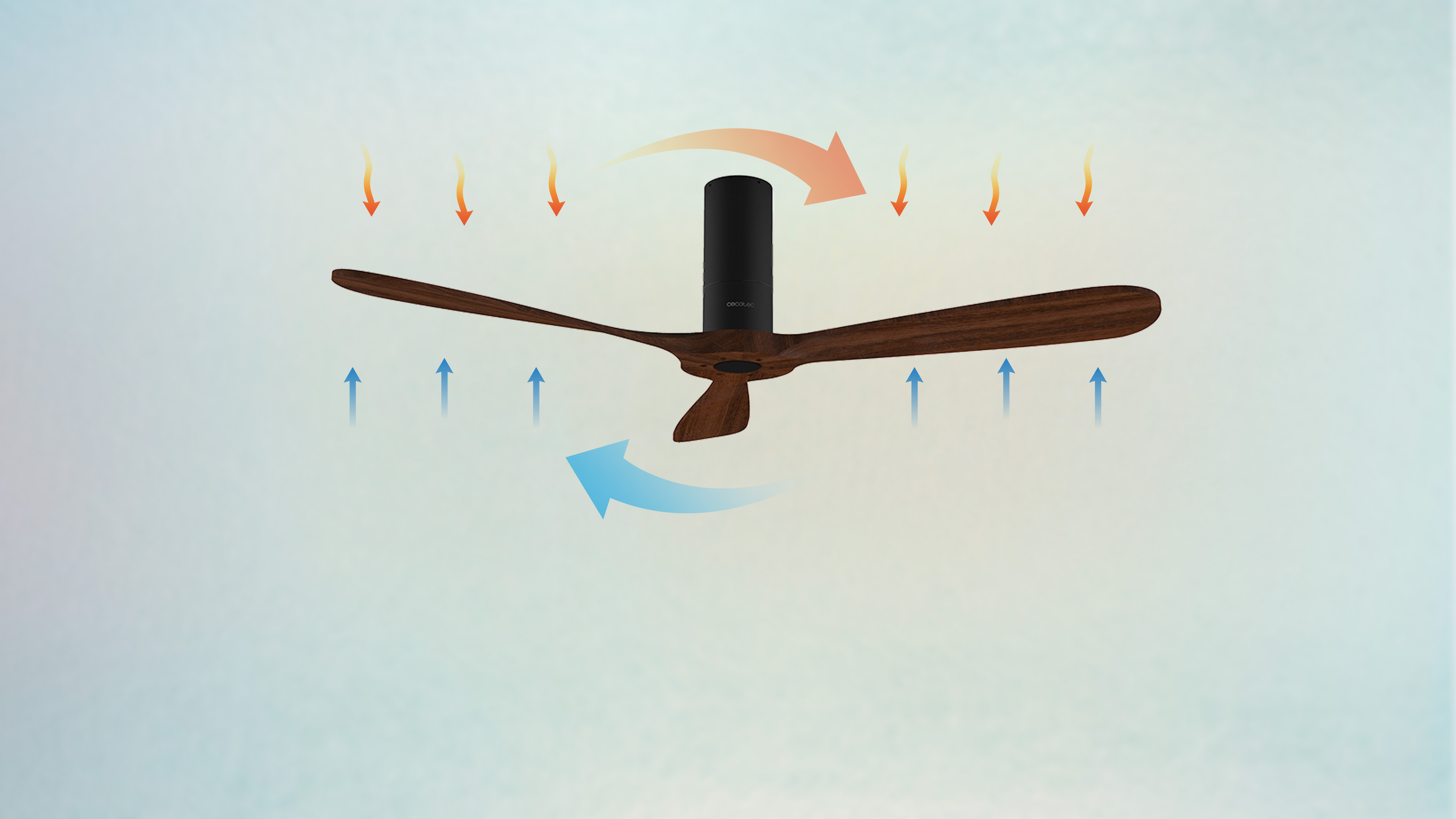 Ventilador de techo con aspas de madera oscura. Flechas indican la dirección del flujo de aire.