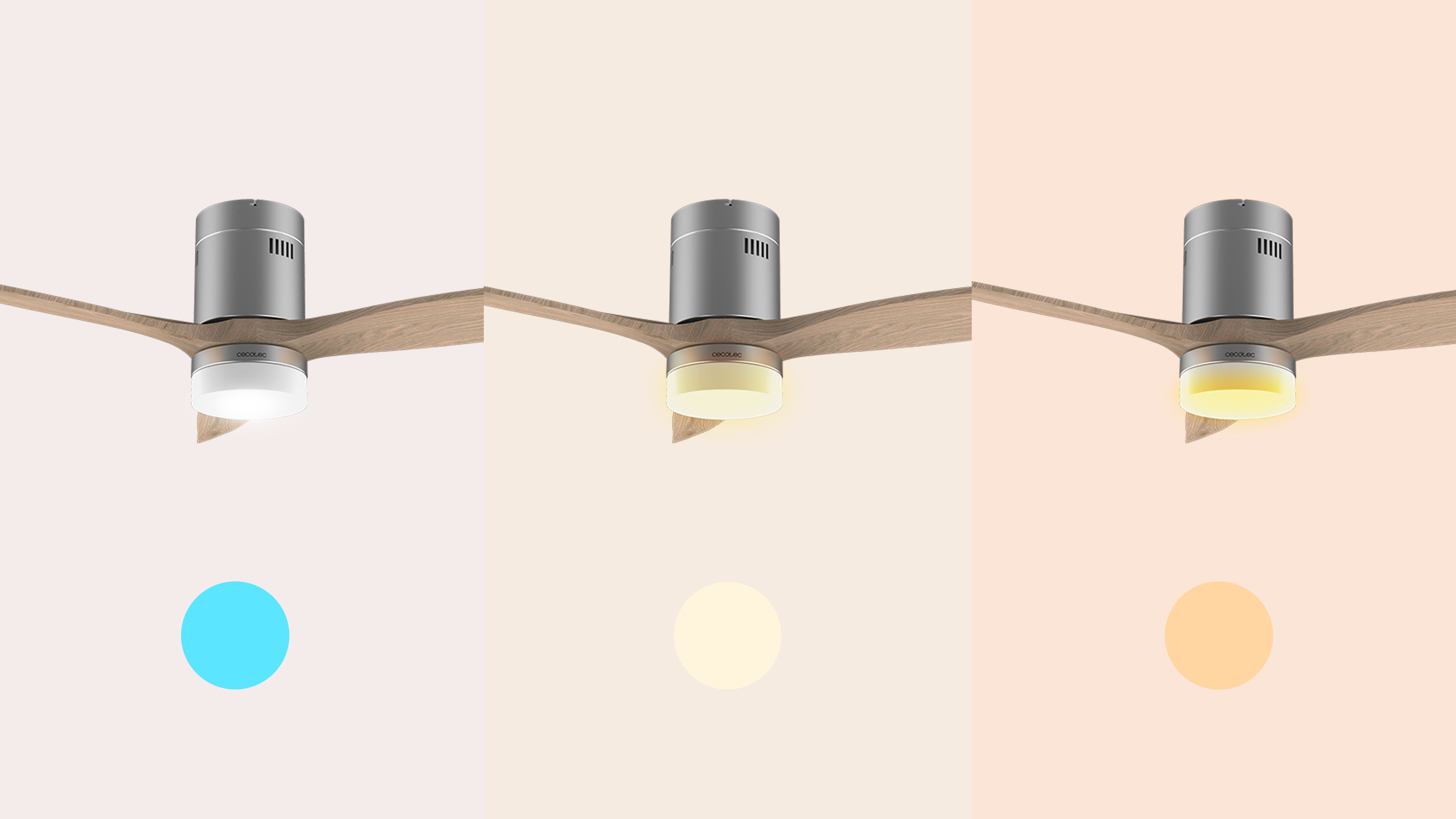 Tres ventiladores de techo con diferentes colores de luz: blanco, amarillo y naranja.