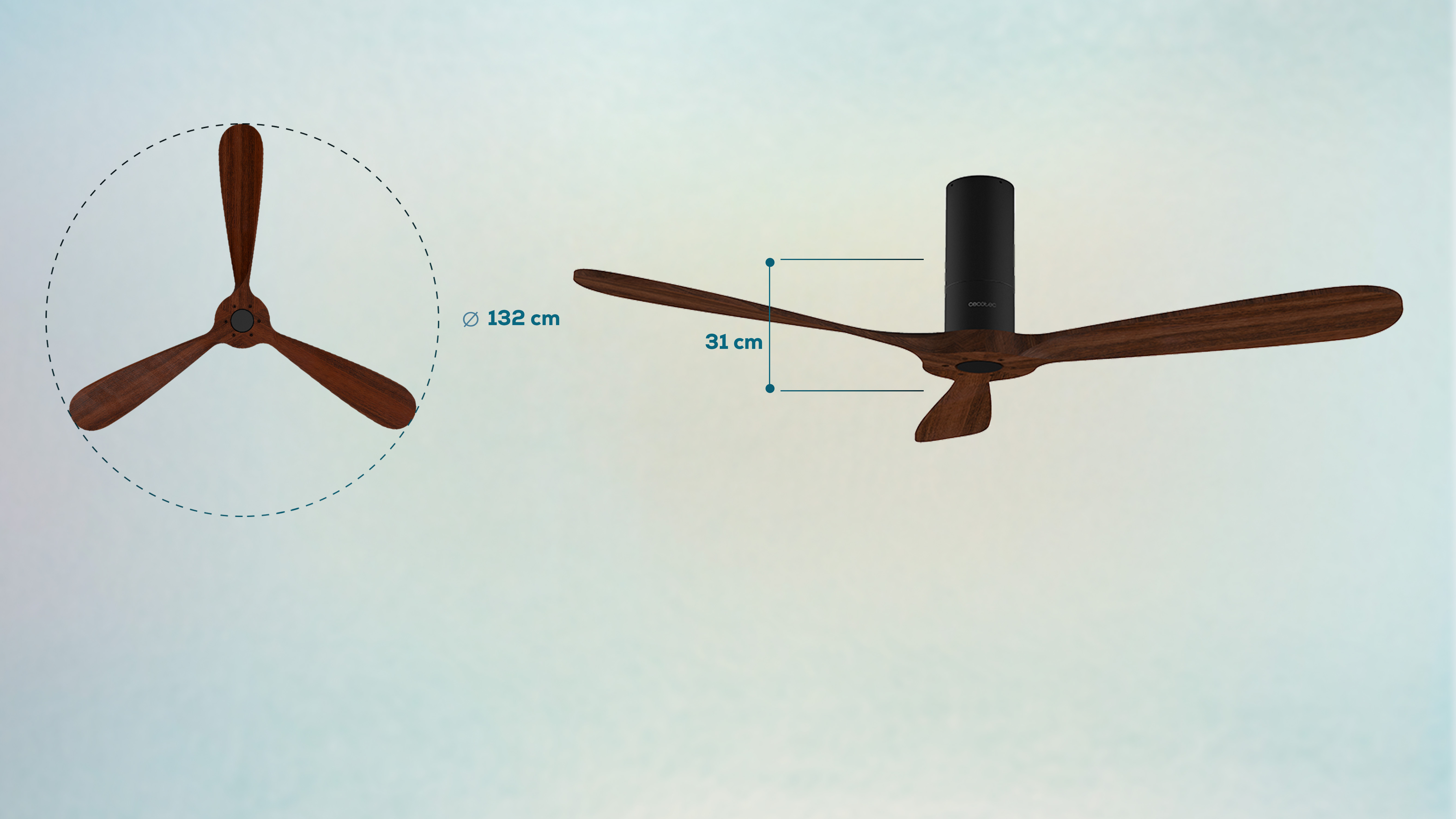 Un ventilador de techo marrón con tres aspas, con etiquetas de medición.
