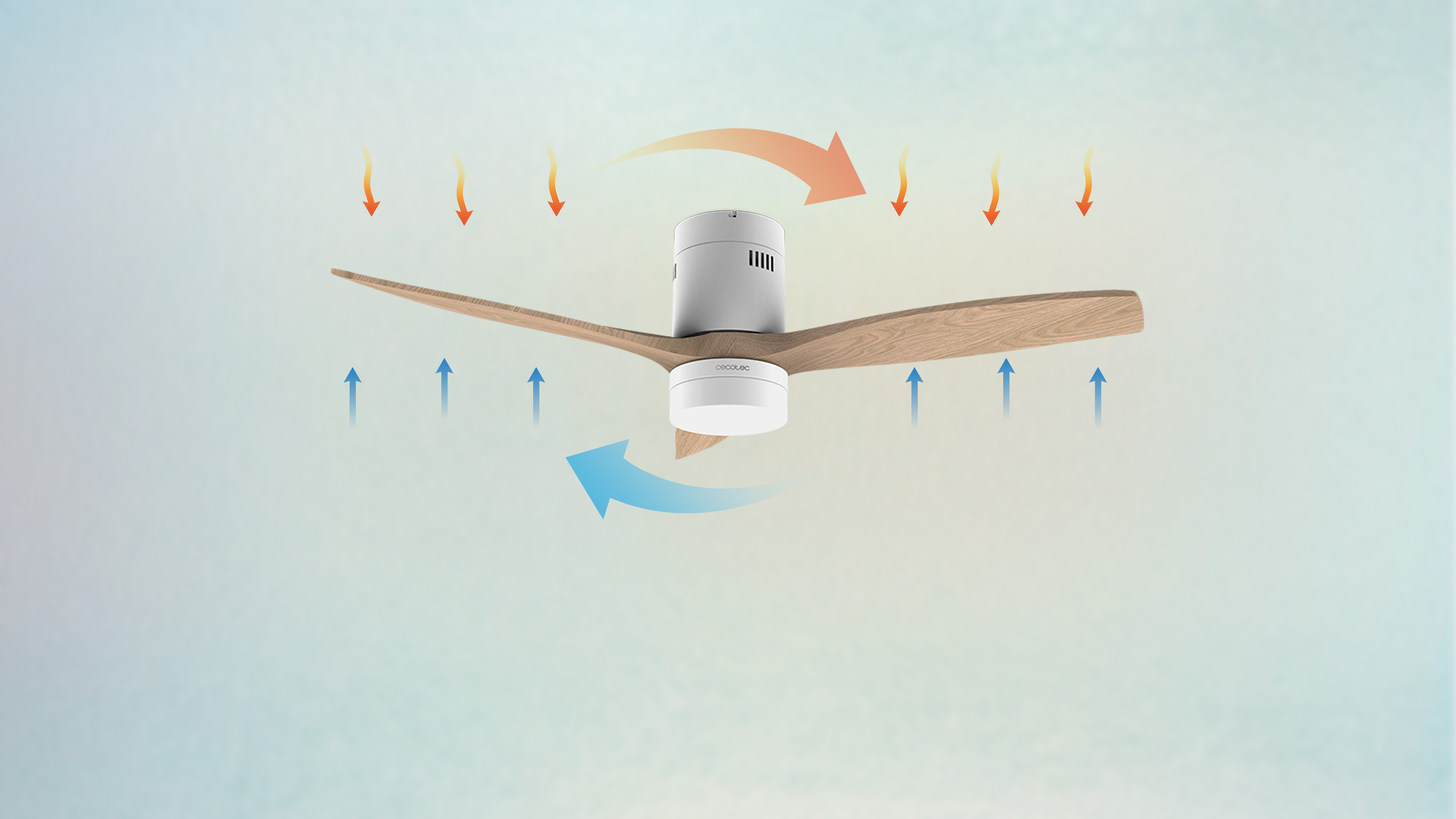 Ventilador de techo con aspas de madera y motor blanco, ilustración de flujo de aire.