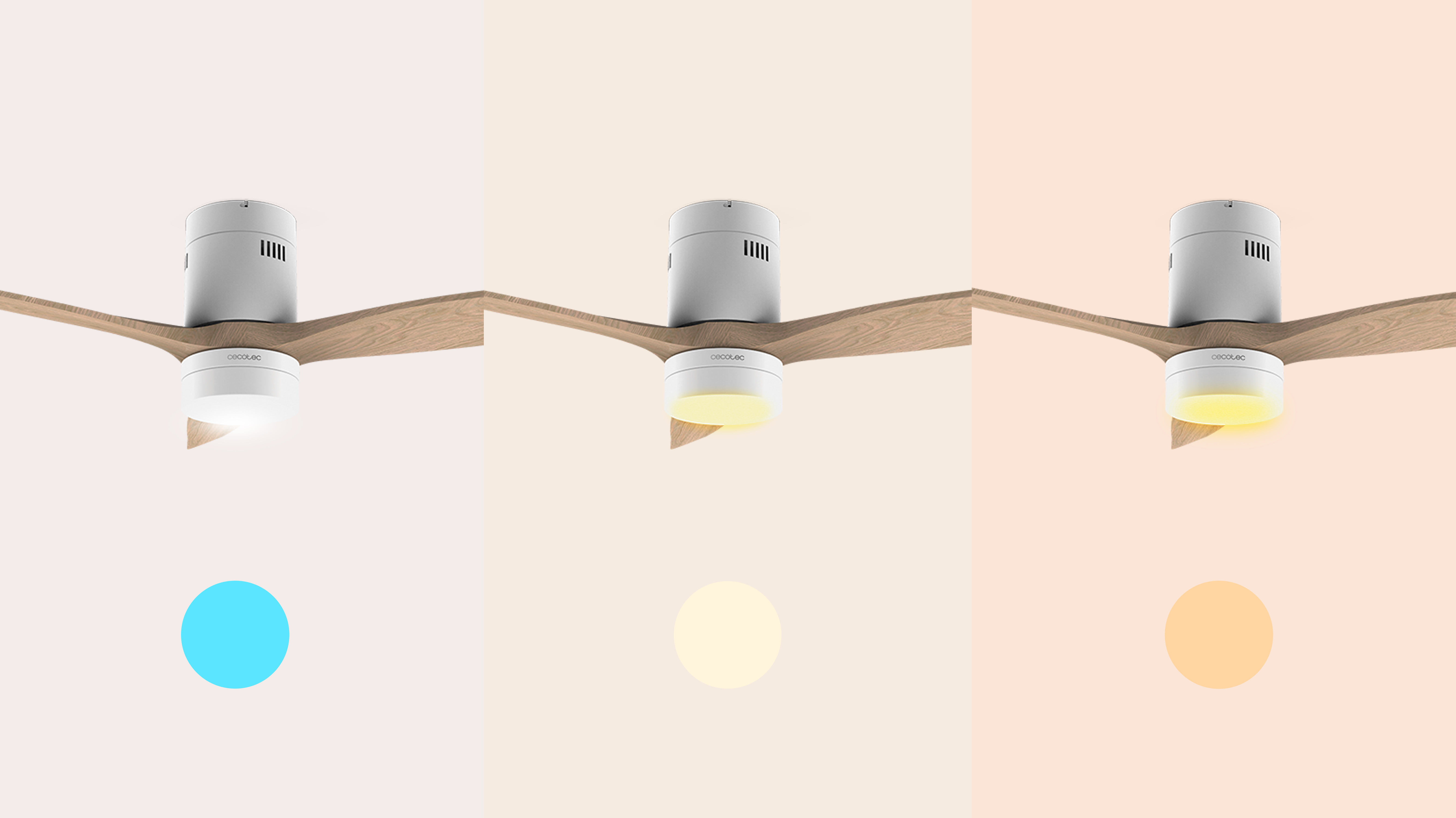Un ventilador de techo con tres configuraciones de luz diferentes: azul, amarillo y naranja.