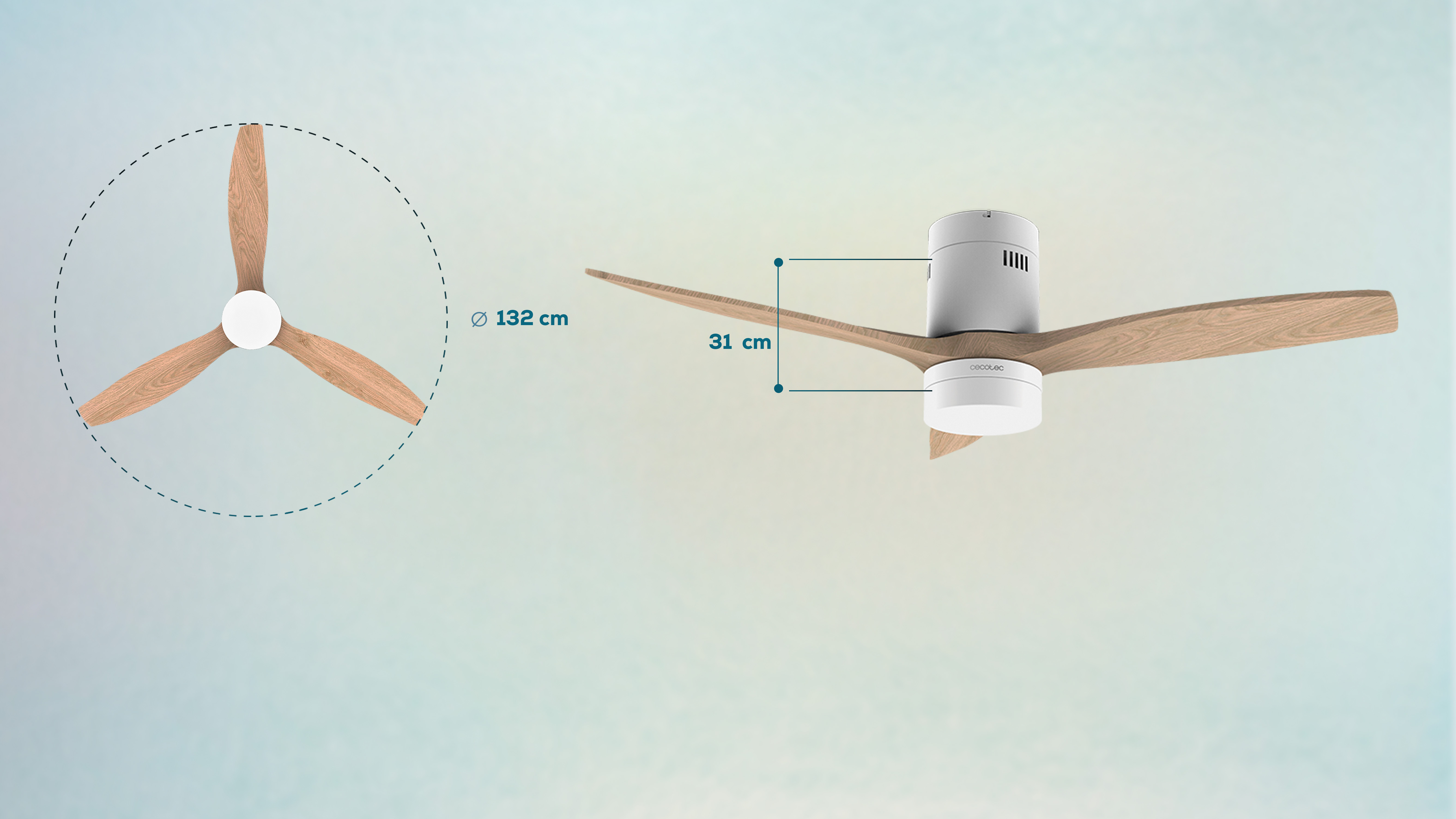 Un ventilador de techo con aspas de madera y motor blanco, dimensiones mostradas.