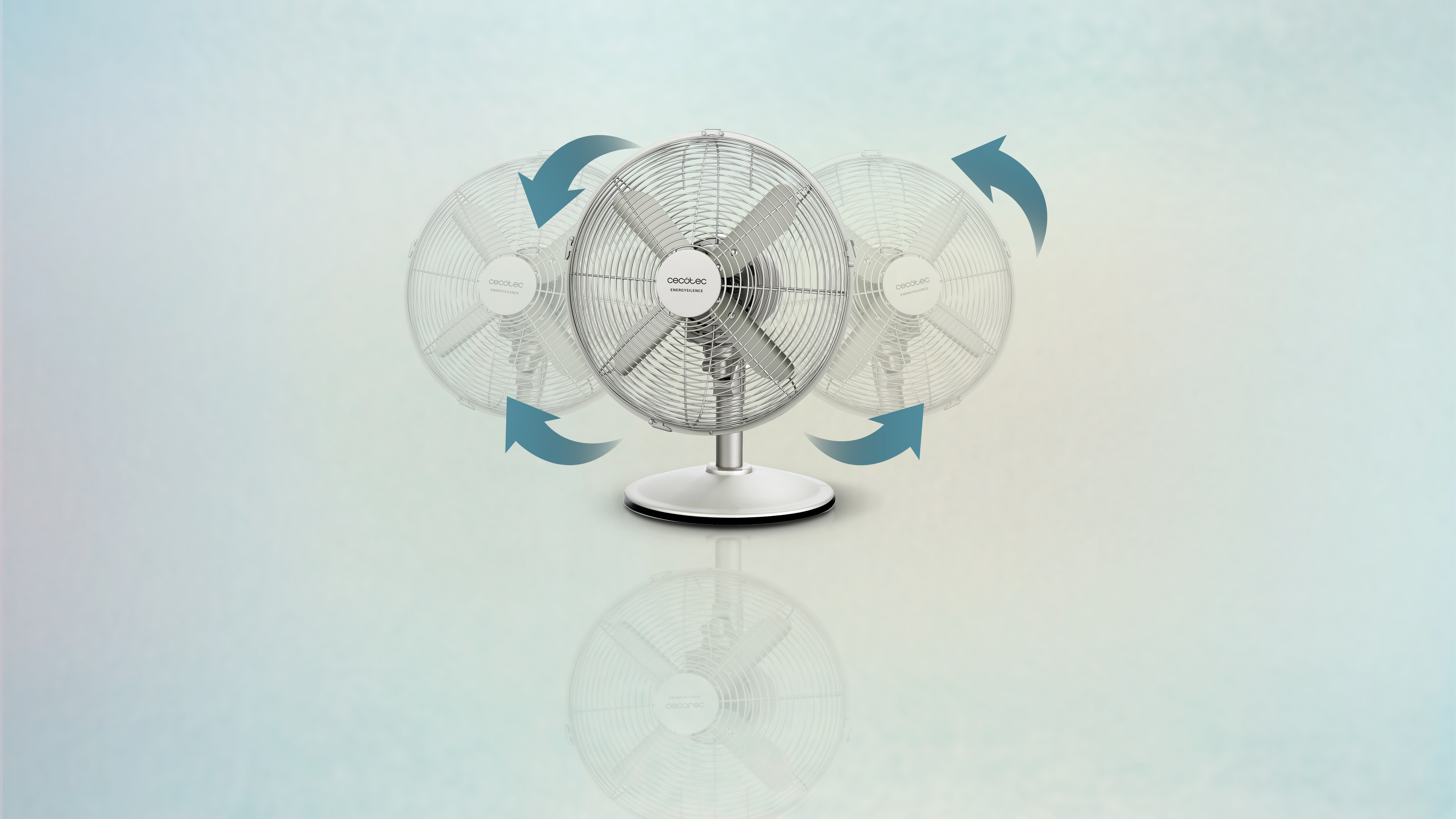 Un ventilador blanco con flechas giratorias sobre un fondo azul claro.