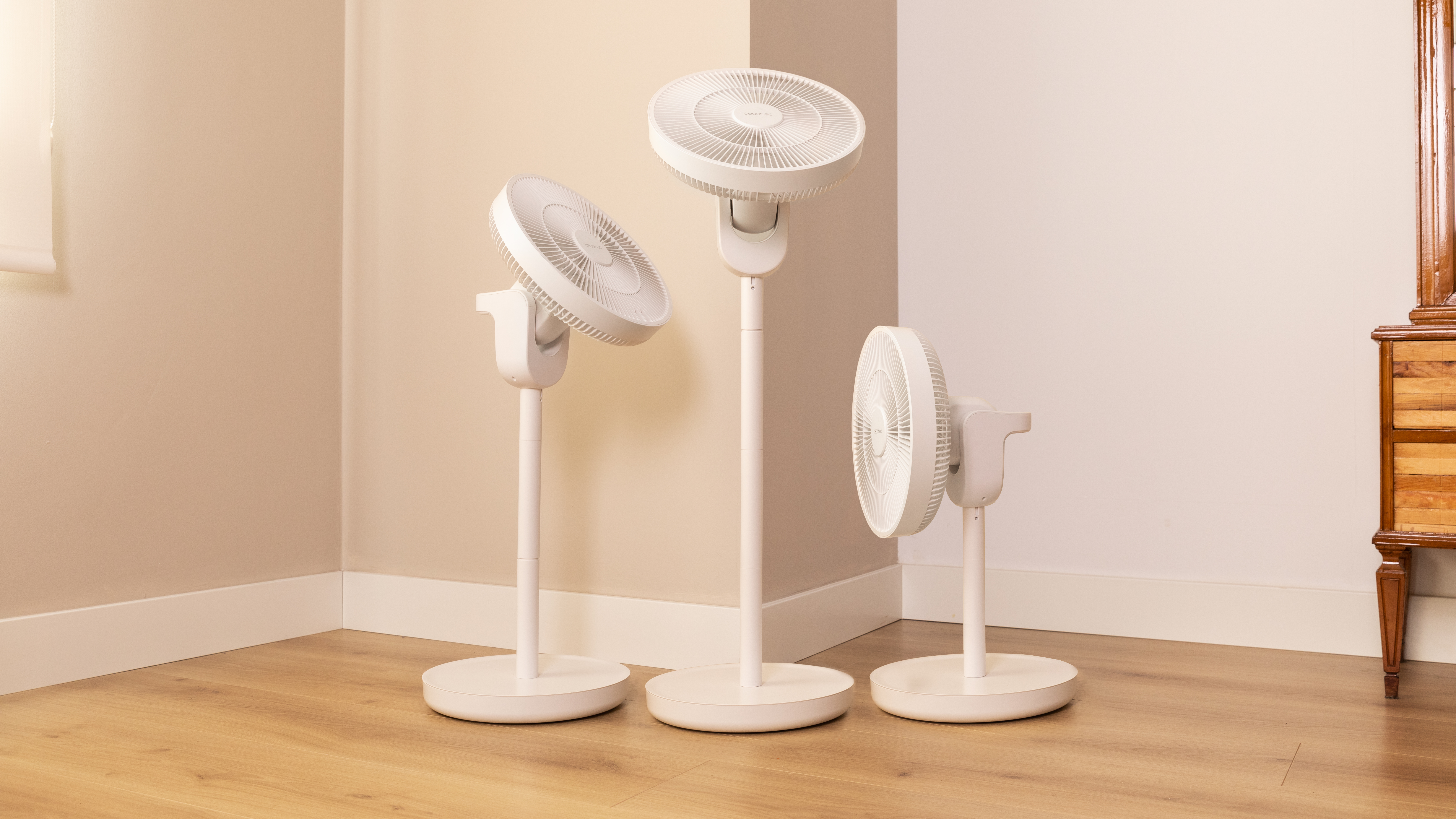 Tres ventiladores de pie blancos en una habitación con suelo de madera y paredes crema.