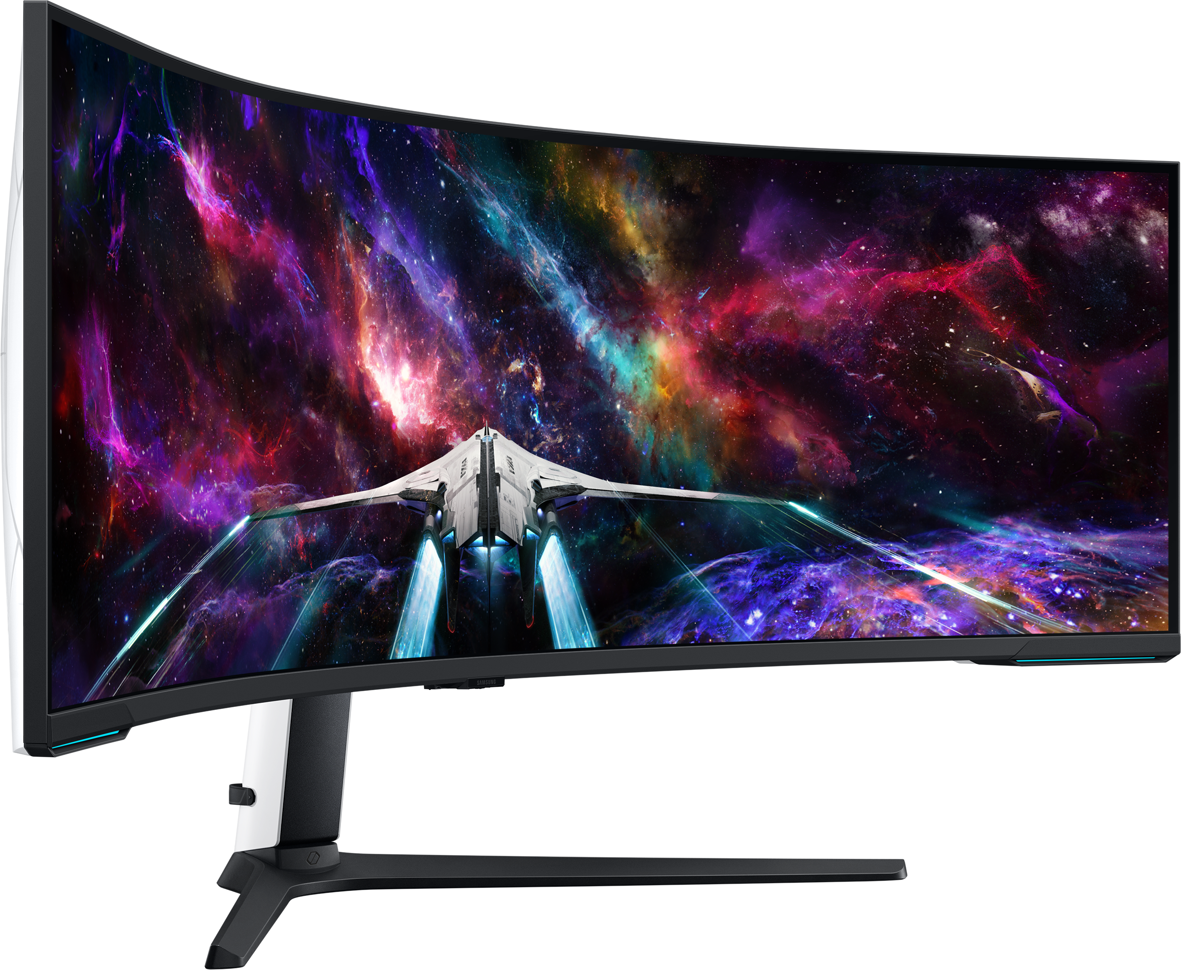 Gebogener Monitor, der eine Weltraumszene mit einem weißen Raumschiff anzeigt. Schwarzer Rahmen.