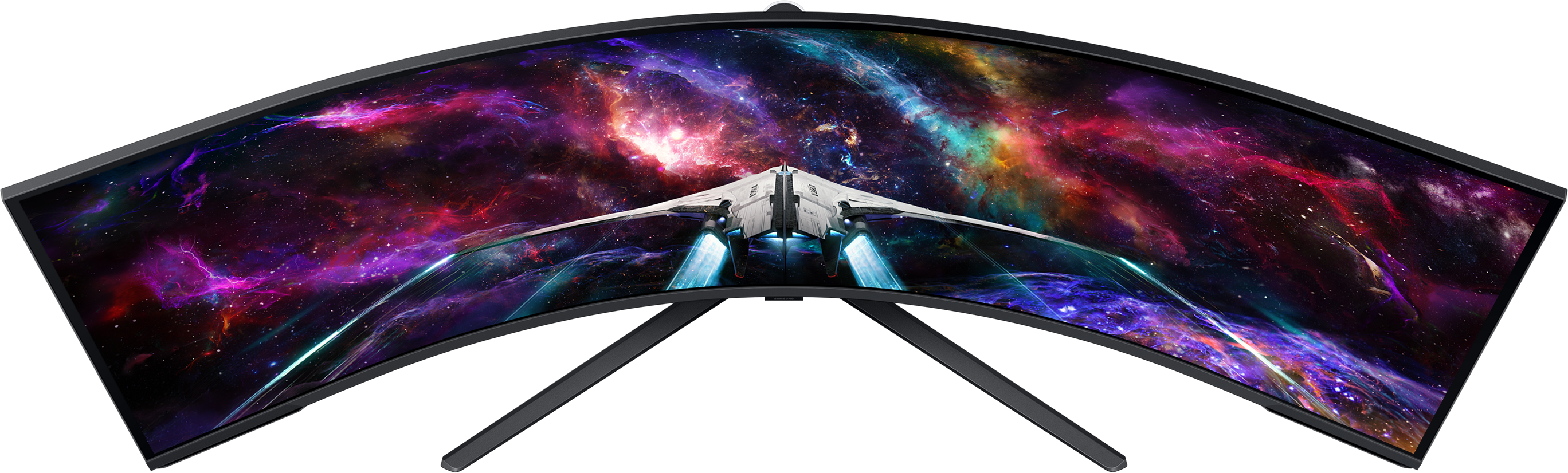 Ein gekrümmter Computermonitor zeigt eine Weltraumszene mit einem Raumschiff.