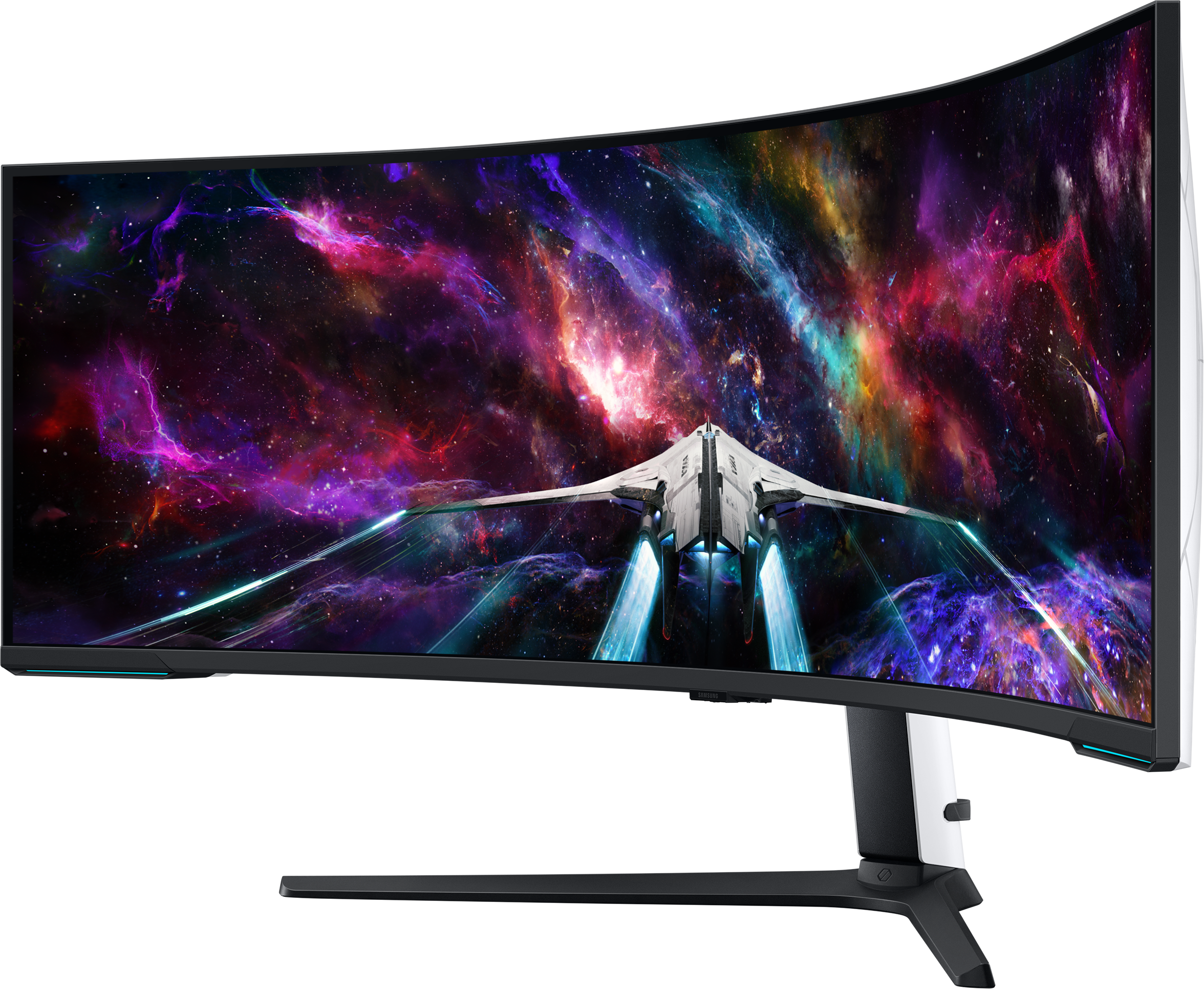 Gebogener Computermonitor mit einer Weltraumszene mit Raumschiff. Schwarzer Ständer und Blende.