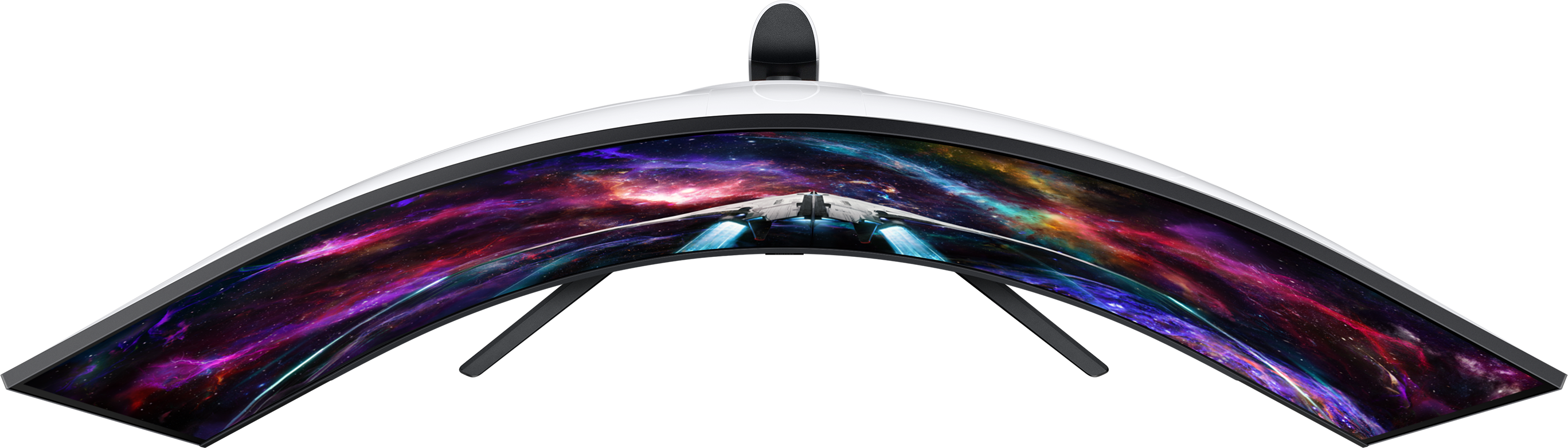 Ein gebogener Ultrawide-Monitor mit einem Weltraum-Display.
