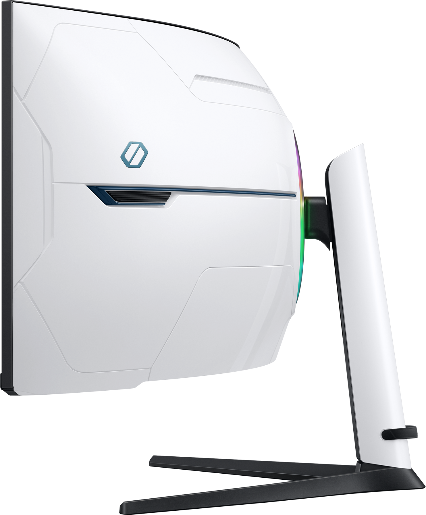 Weißer Gaming-Monitor, Seitenansicht, mit bunten Lichtern.
